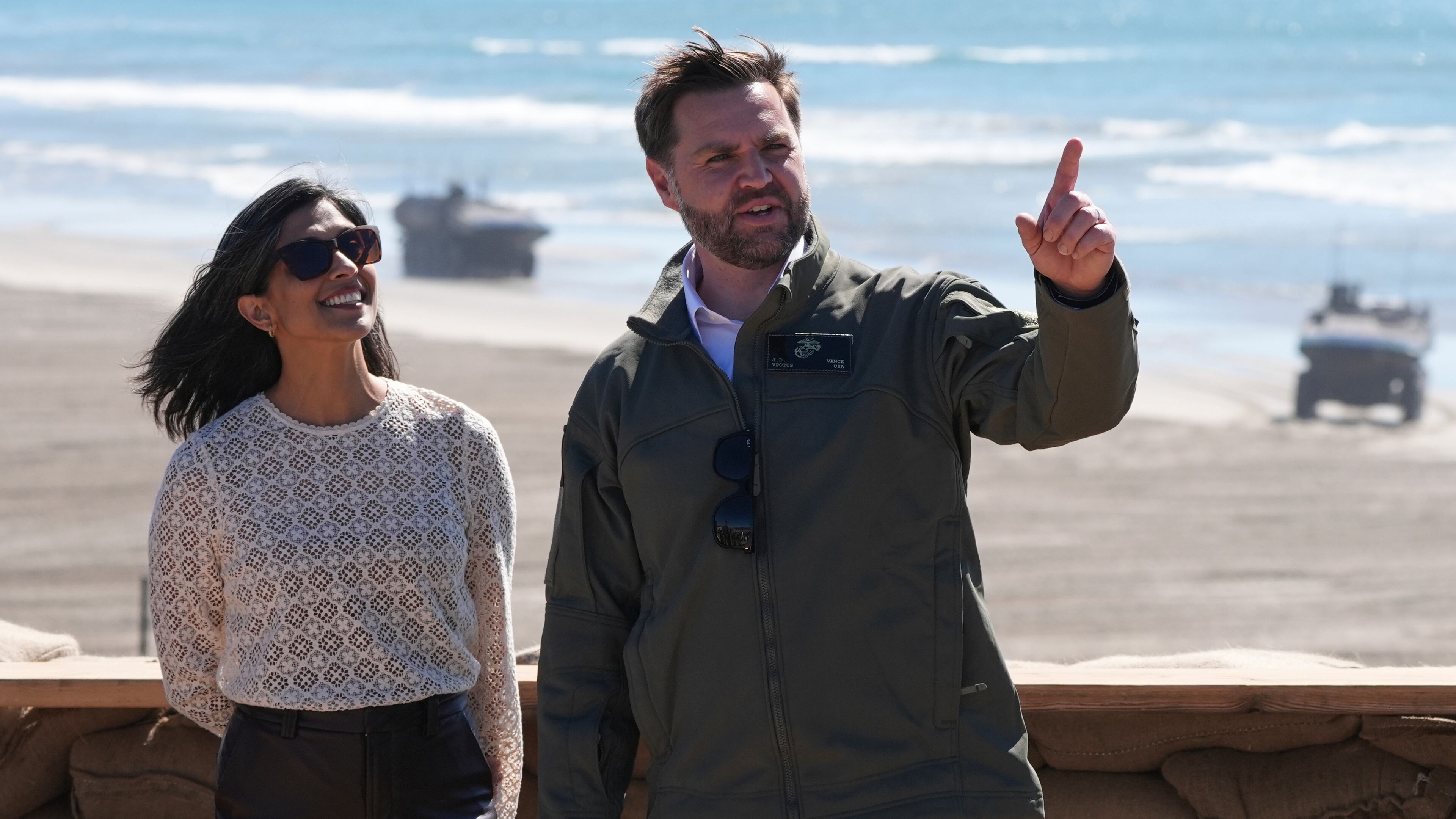 FILE - Vice President JD Vance, right, and second lady Usha Vance watch a demonstration by Marines during activities to mark the upcoming Marine Corps' 250th anniversary Oct 18, 2025, on Marine Corps Base Camp Pendleton in Camp Pendleton, Calif. (AP Photo/Gregory Bull, file)