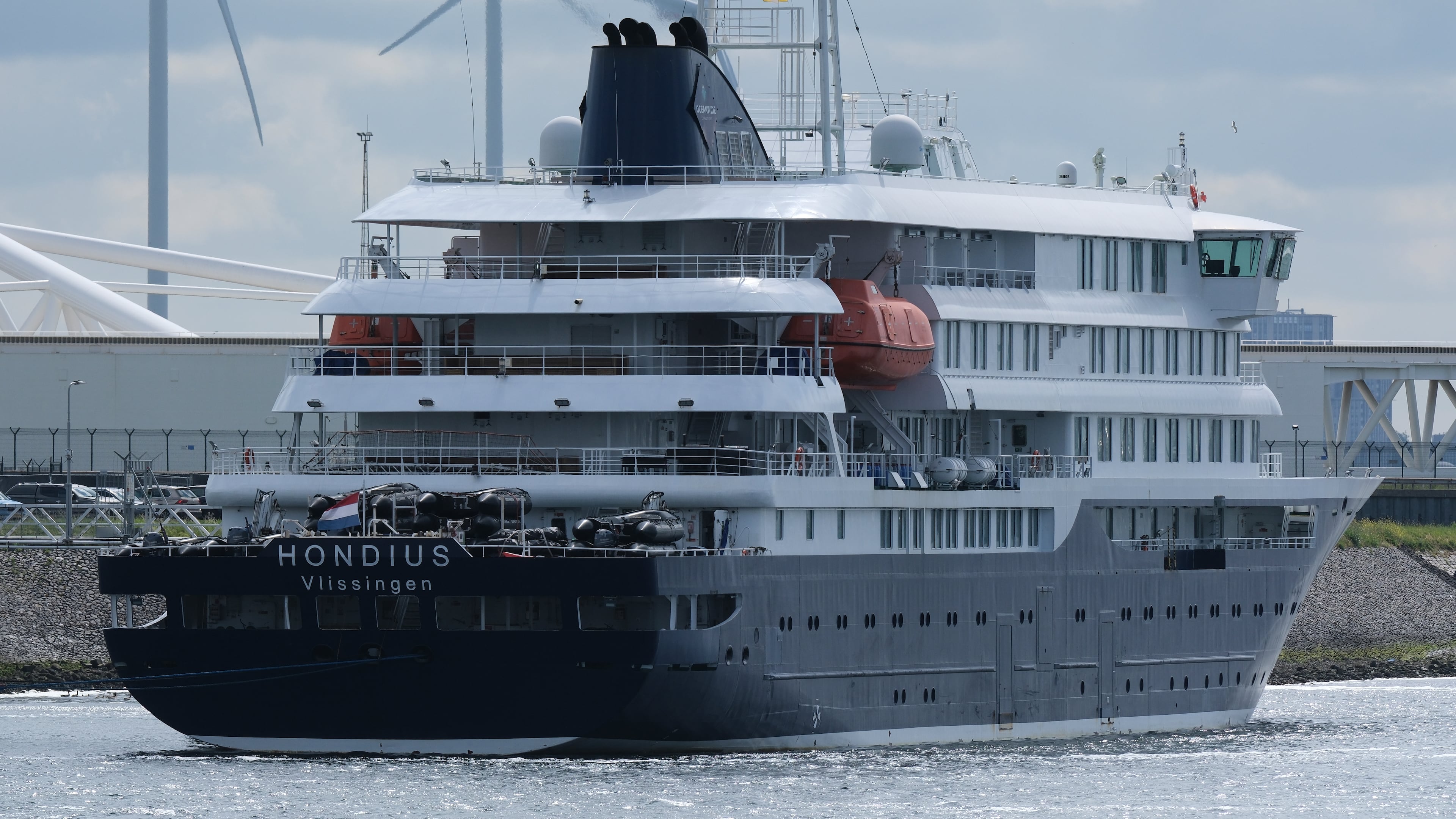The MV Hondius cruise ship arrives at the Port of Rotterdam, Netherlands, Monday, May 18, 2026. (AP Photo/Patrick Post)