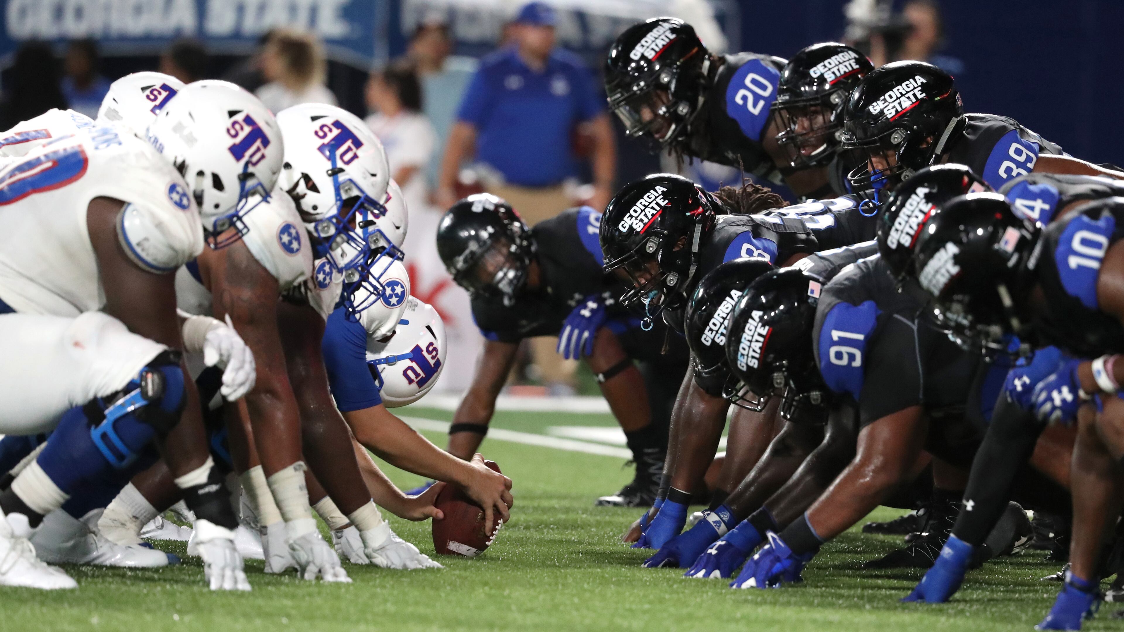 Tennessee State lines up for a field-goal attempt against Georgia State in the first half at Georgia State Stadium Thursday in Atlanta, Ga., August 31, 2017. PHOTO / JASON GETZ