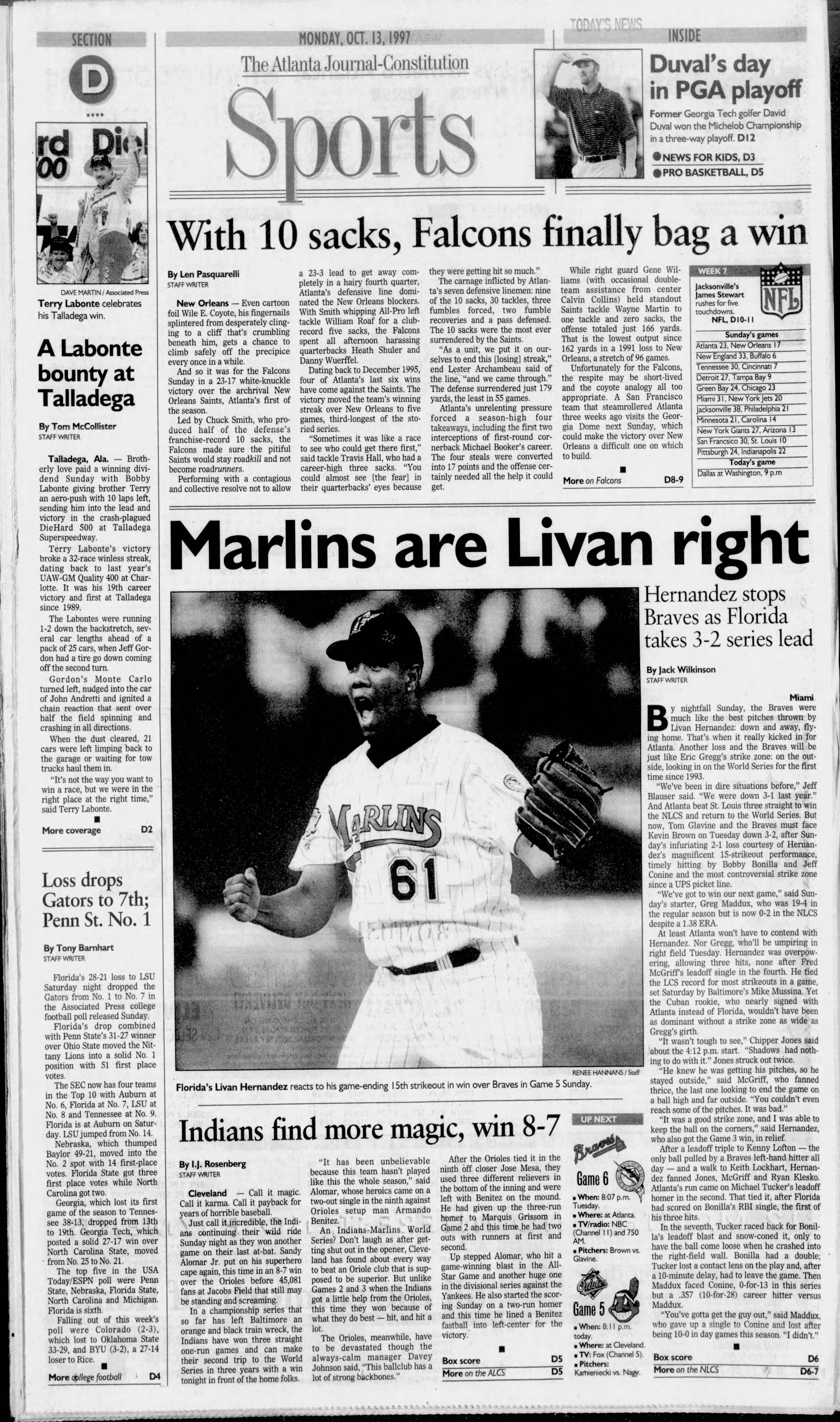 The sports page of the Atlanta Journal on Oct. 13, 1997.