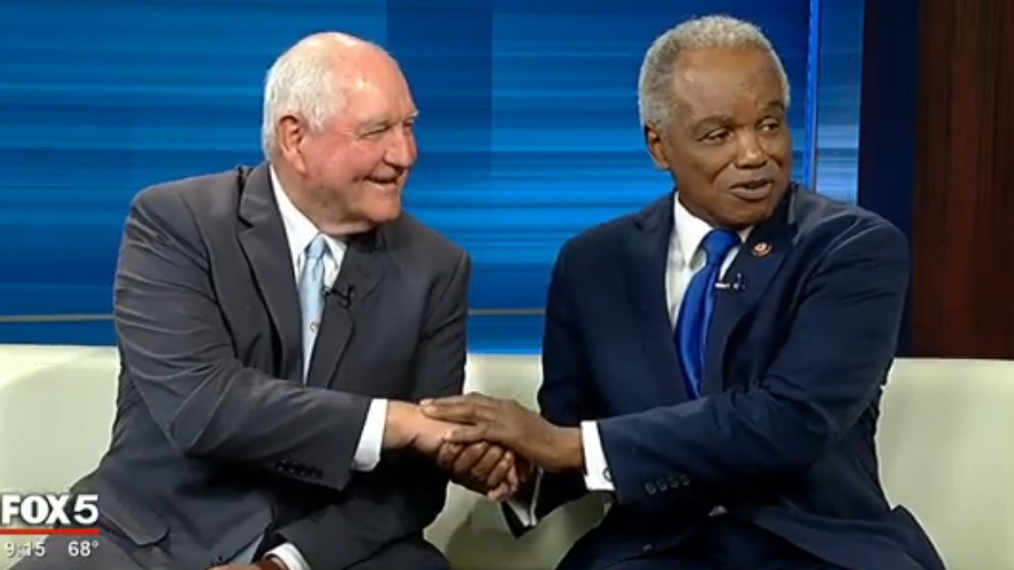 Agriculture Secretary Sonny Perdue and U.S. Rep. David Scott, D-Atlanta, on the set of WAGA-TV's "Good Morning Atlanta."