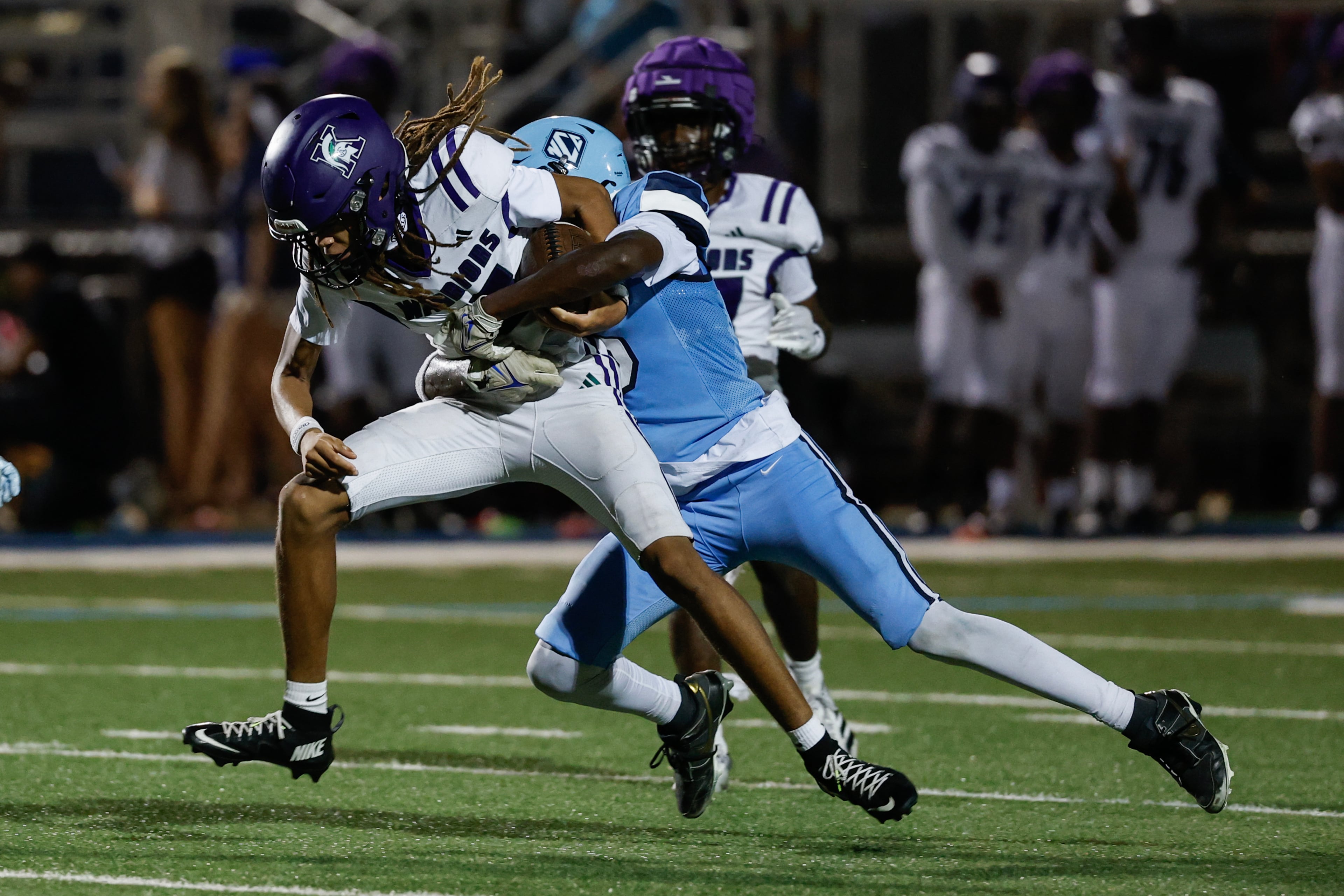 KIPP Atlanta’s Lawrence Moreland (left) drives against North Cobb Christian’s Mykah Wilson during their game on Friday, Oct. 2, 2026, in Kennesaw. (Erik S. Lesser for the AJC)