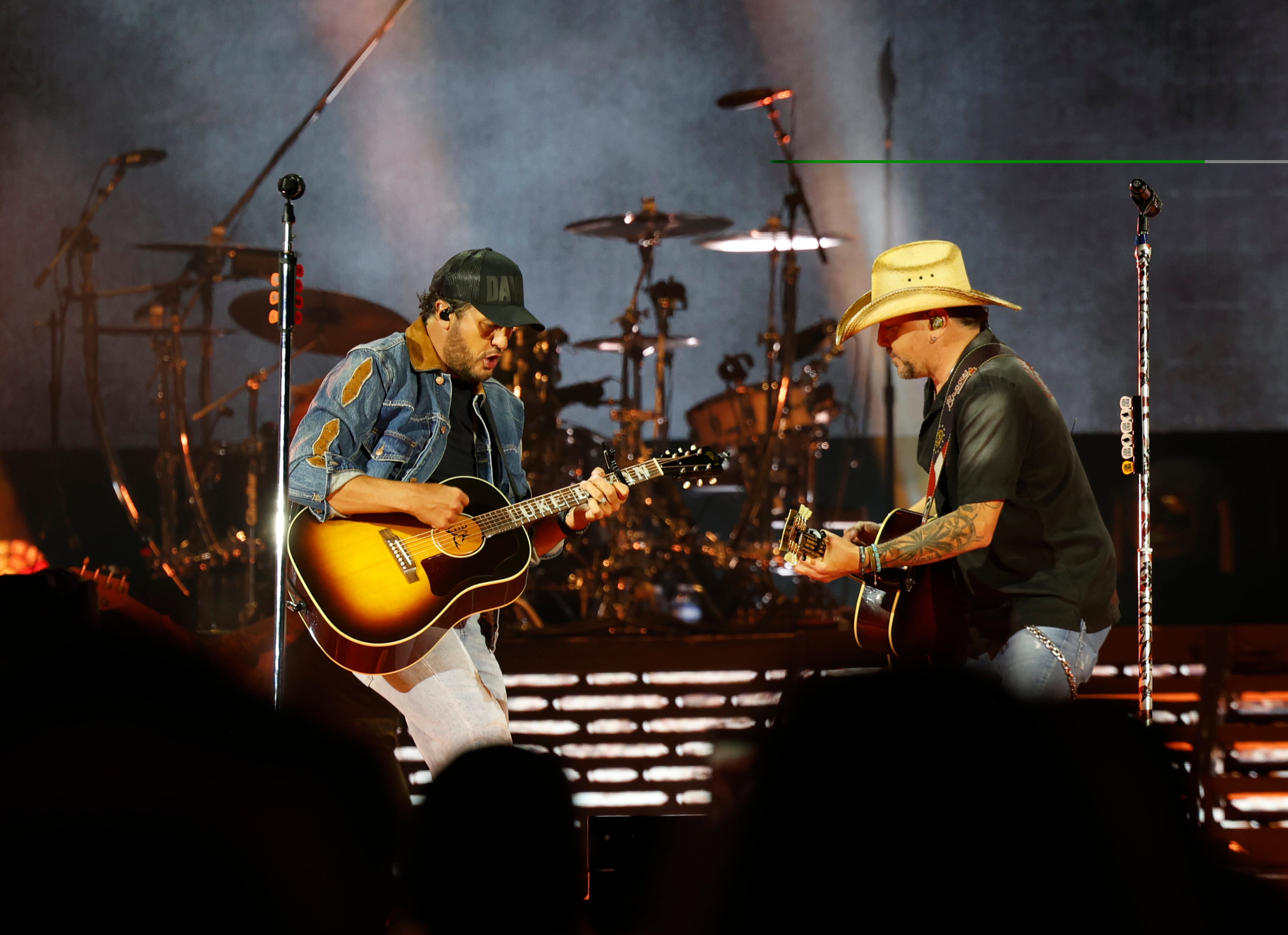 Georgia natives Jason Aldean (right) and Luke Bryan perform together for the first "Live Between the Hedges Concert Presented by PruittHealth" at Sanford Stadium, home of the University of Georgia football team, Saturday, April 25, 2026, in Athens. (Akili-Casundria Ramsess/EyeAkili Media)