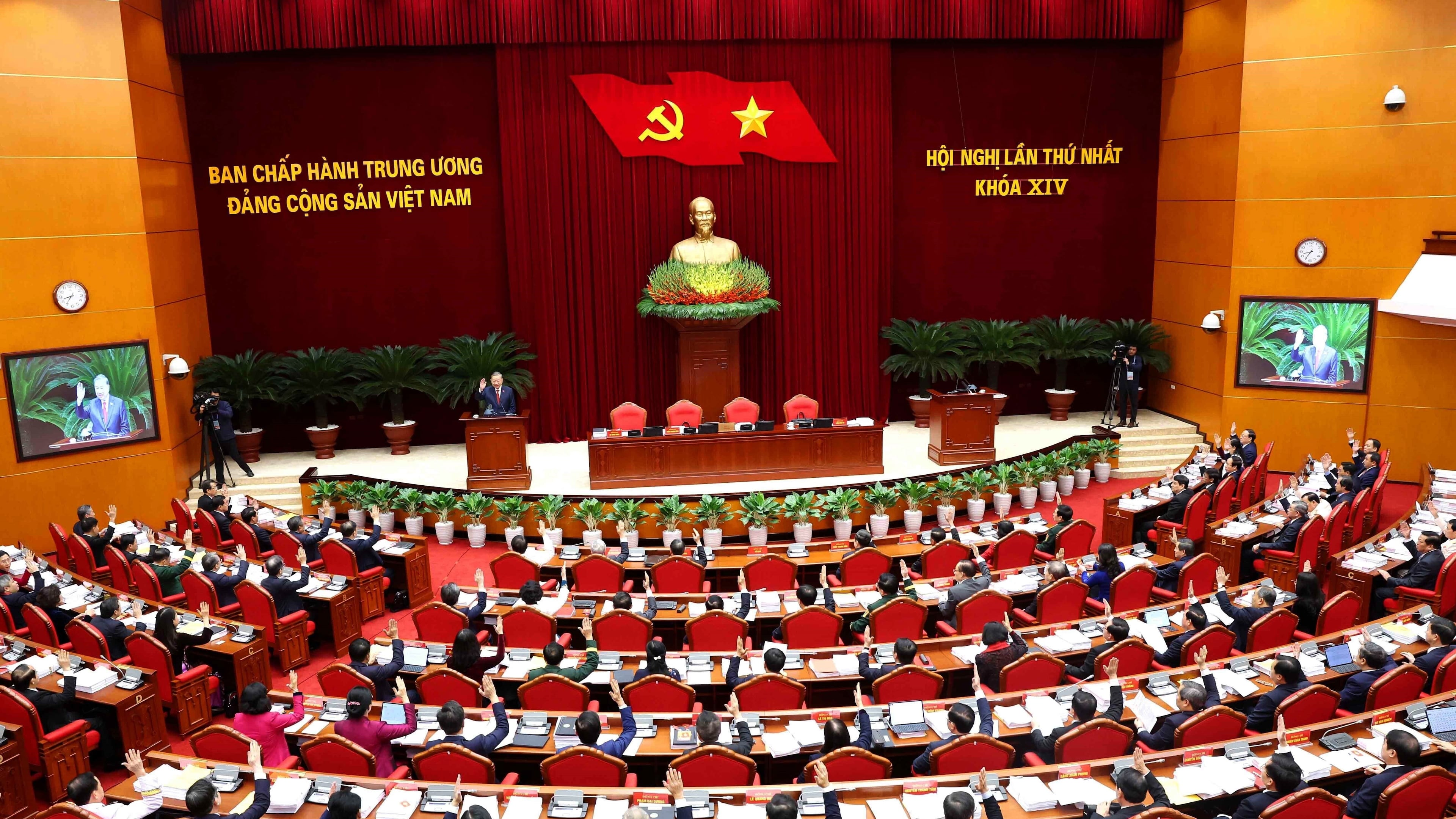 Vietnam's Central Committee of the Communist Party holds a meeting to elect top leaders in Hanoi, Vietnam, Friday, Jan. 23, 2026. (Hoang Thong Nhat/VNA via AP)