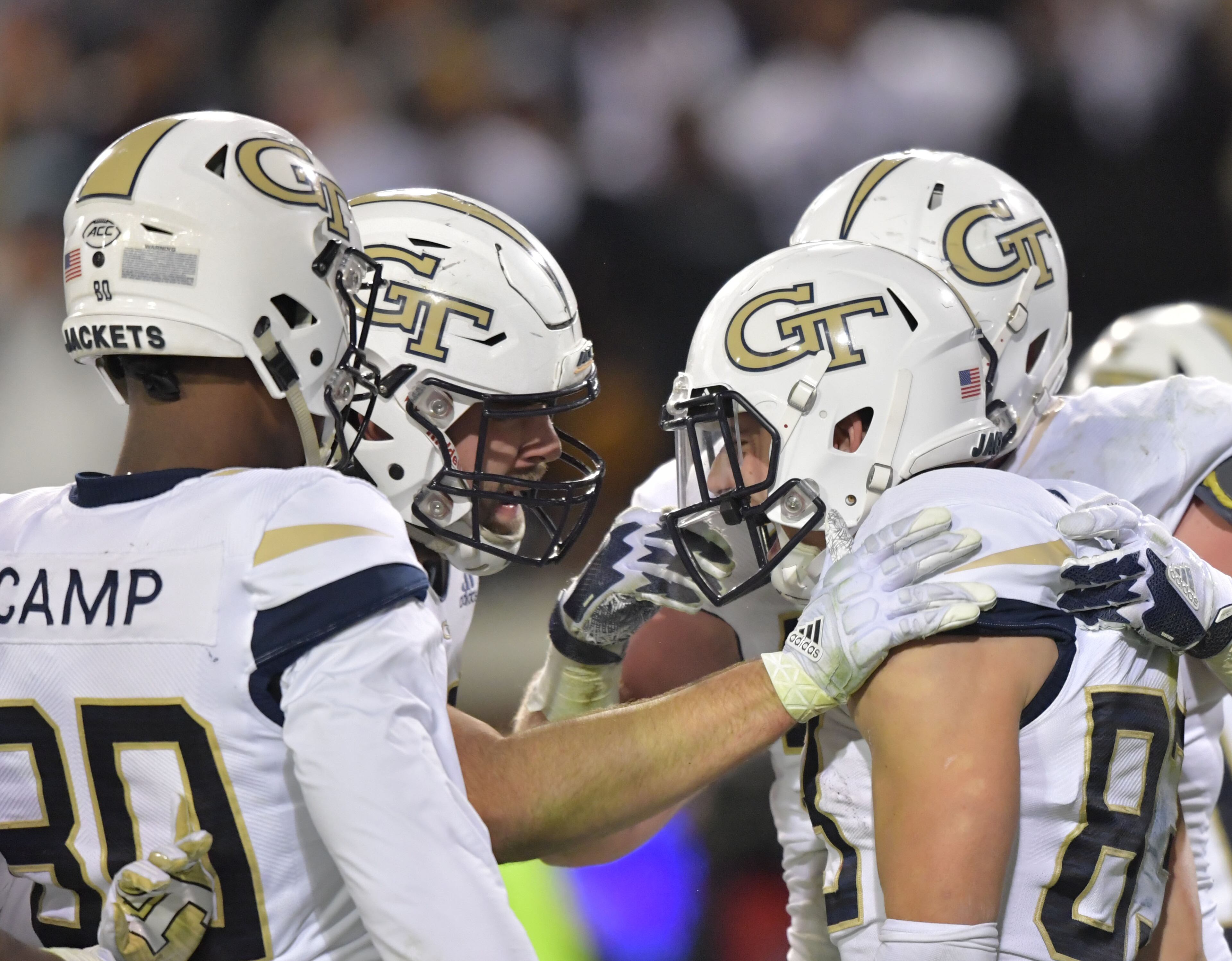 November 10, 2018 Atlanta - Georgia Tech wide receiver Brad Stewart (83) celebrates with teammates after he caught a touchdown pass in the second half at Bobby Dodd Stadium on Saturday, November 10, 2018. Georgia Tech won 27 - 21 over the Miami. HYOSUB SHIN / HSHIN@AJC.COM