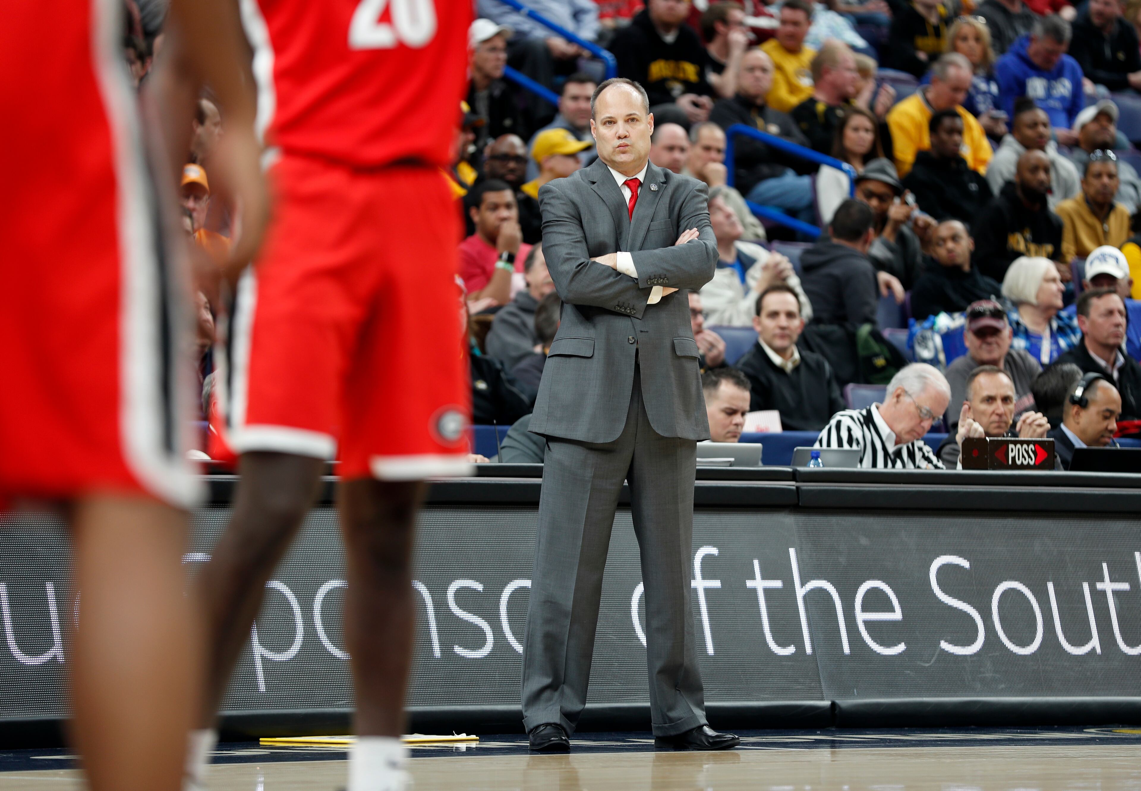 Georgia head coach Mark Fox is seen on the sidelines during the first half in an NCAA college basketball game against Missouri at the Southeastern Conference tournament Thursday, March 8, 2018, in St. Louis. (AP Photo/Jeff Roberson)