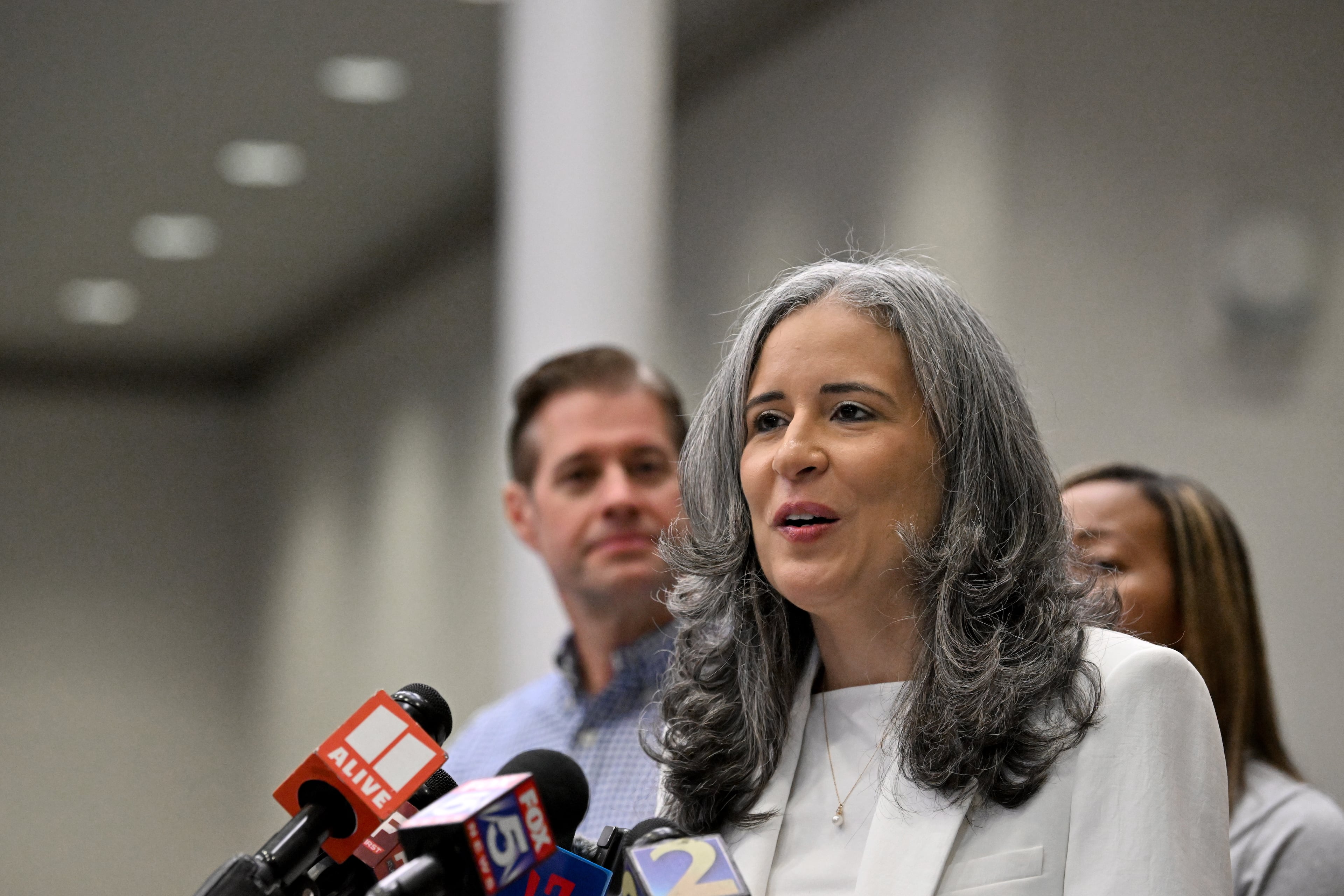 Alexandra Estrella speaks during a news conference Saturday, April 4, 2026, in Suwanee. (Hyosub Shin/AJC)