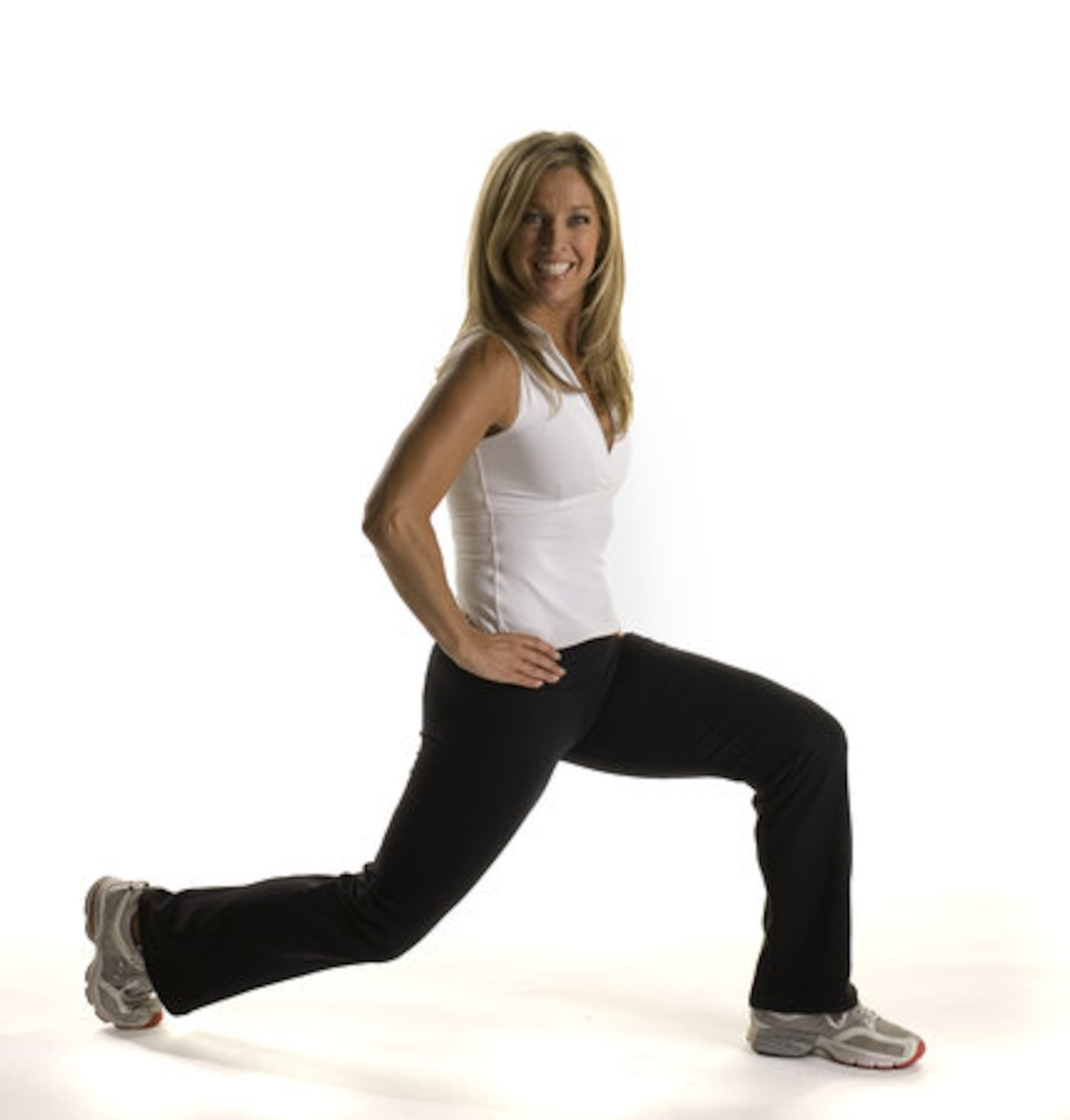 LUNGESCORRECT: Stand with feet shoulder-width apart with hands on your hips. Take a big step forward with left foot. Slowly bend left knee to a 90-degree angle so that the knee is directly over the ankle. Your weight should be balanced between the toes of your right foot and left heel. Straighten your leg, pushing from your heel. Perform 10 times with each leg, repeating twice.