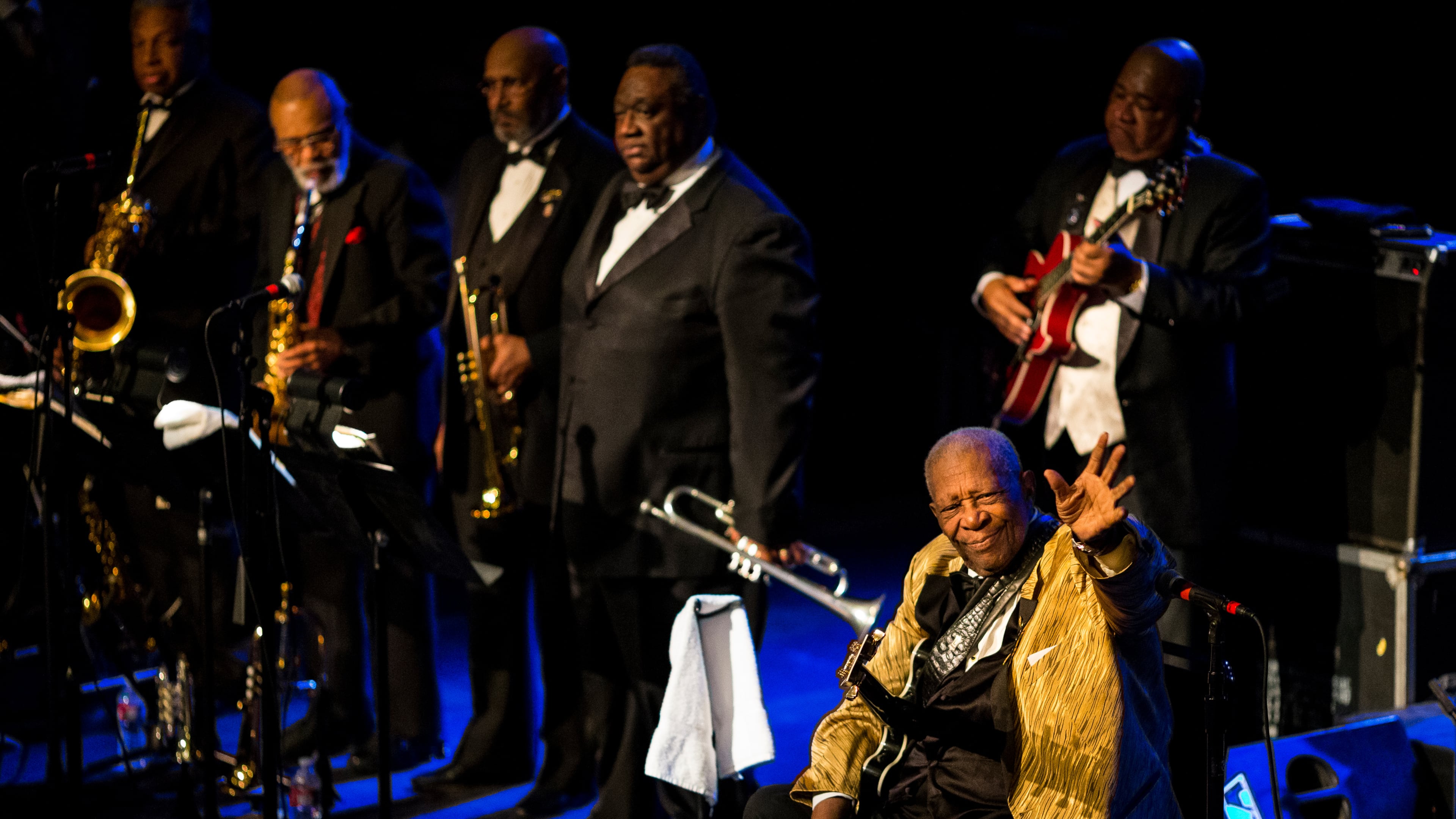 In this photo taken on Monday, March 3, 2014, Blues legend B.B. King performs for hundreds at The Moore Theatre in Seattle. King, whose scorching guitar licks and heartfelt vocals made him the idol of generations of musicians and fans while earning him the nickname King of the Blues, died late Thursday, May 14, 2015, at home in Las Vegas. He as 89. ( Jordan Stead/seattlepi.com via AP)