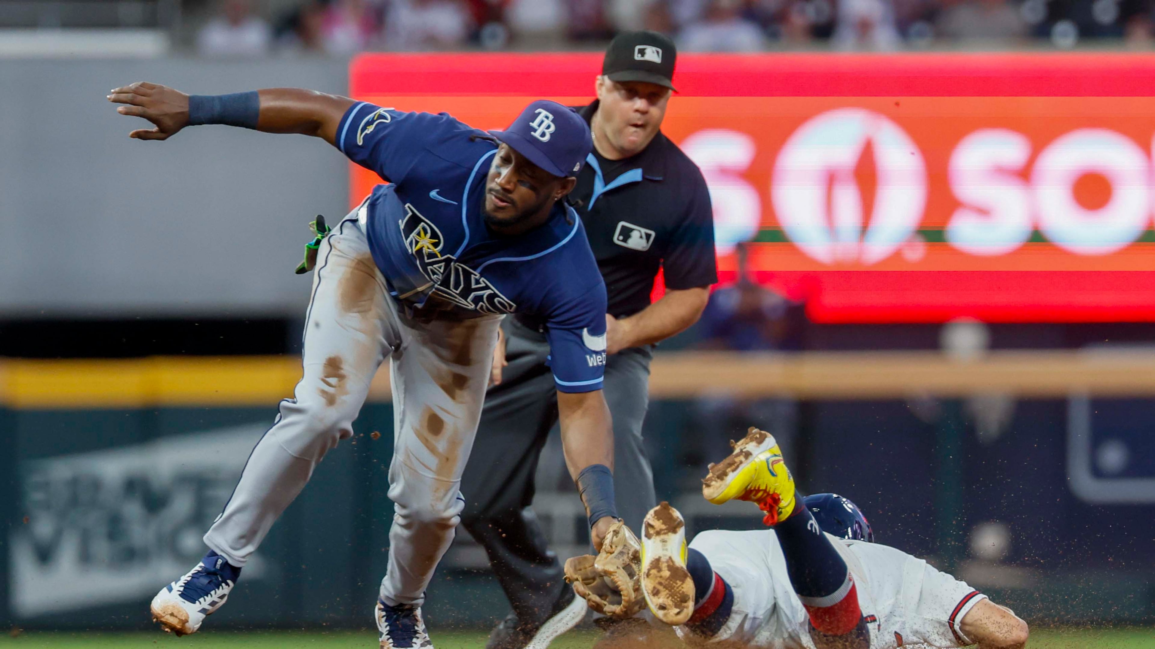 Atlanta Braves left fielder Mauricio Dubón is tagged out by Tampa Bay Rays shortstop Jorge Mateo in the first inning at Truist Park on Wednesday, Sep. 9, 2026, in Atlanta. (Miguel Martinez/ AJC)