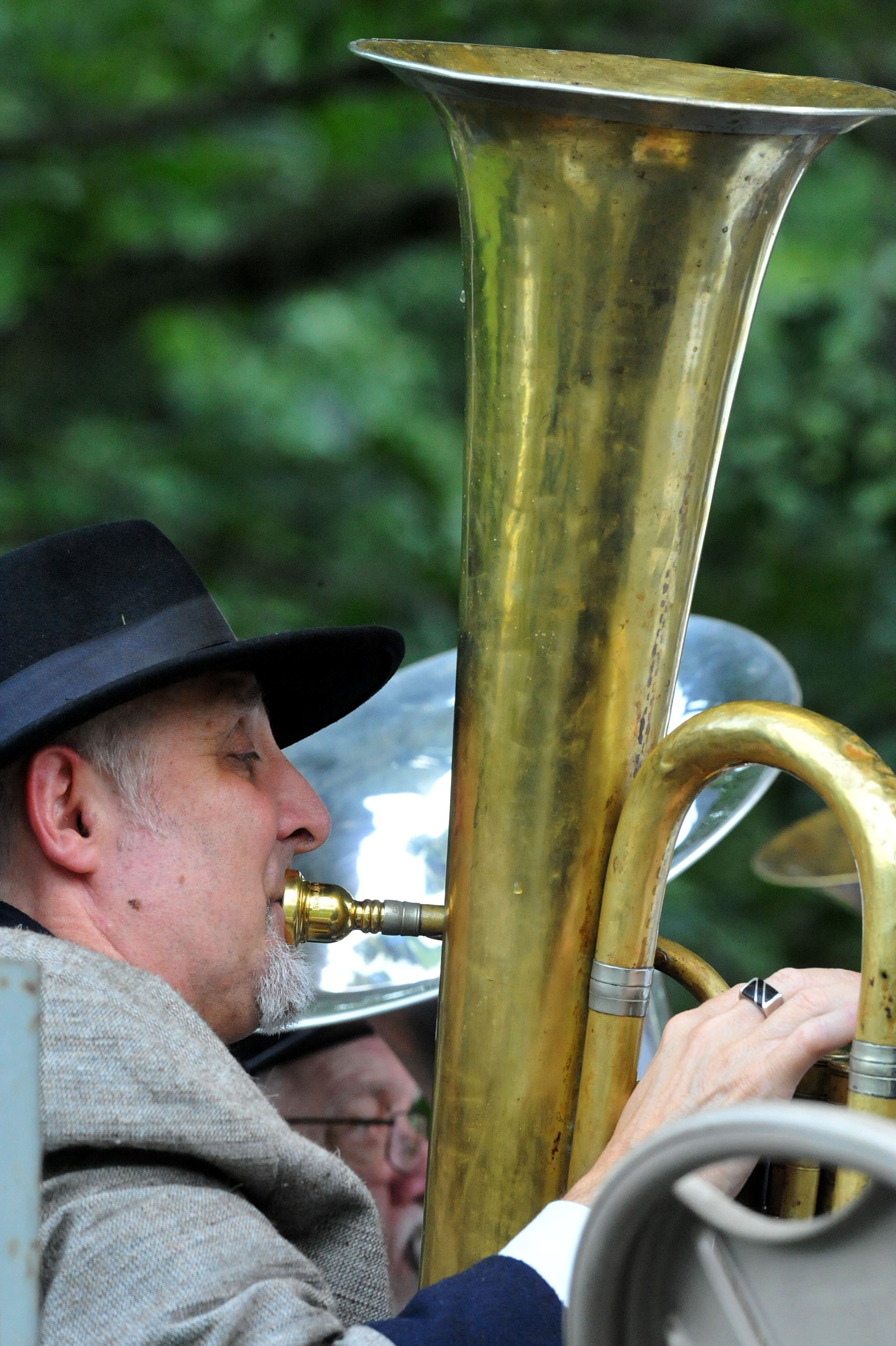 JUNE 26, 2014 KENNESAW Larry St. Clair of Cedartown, plays an E-flat bass (tuba) which is an 1862 instrument. Members of the Eighth Regiment Band, based in Rome, Ga., play period instruments and vintage music from the Civil War era at Kennesaw Mountain National Battlefield Park during opening ceremonies for the 150 Anniversary of the Battle of Kennesaw Mountain, Thursday June 26, 2014. The band and its music are a big part of the Sesquicentennial observations around the state. KENT D. JOHNSON/KDJOHNSON@AJC.COM