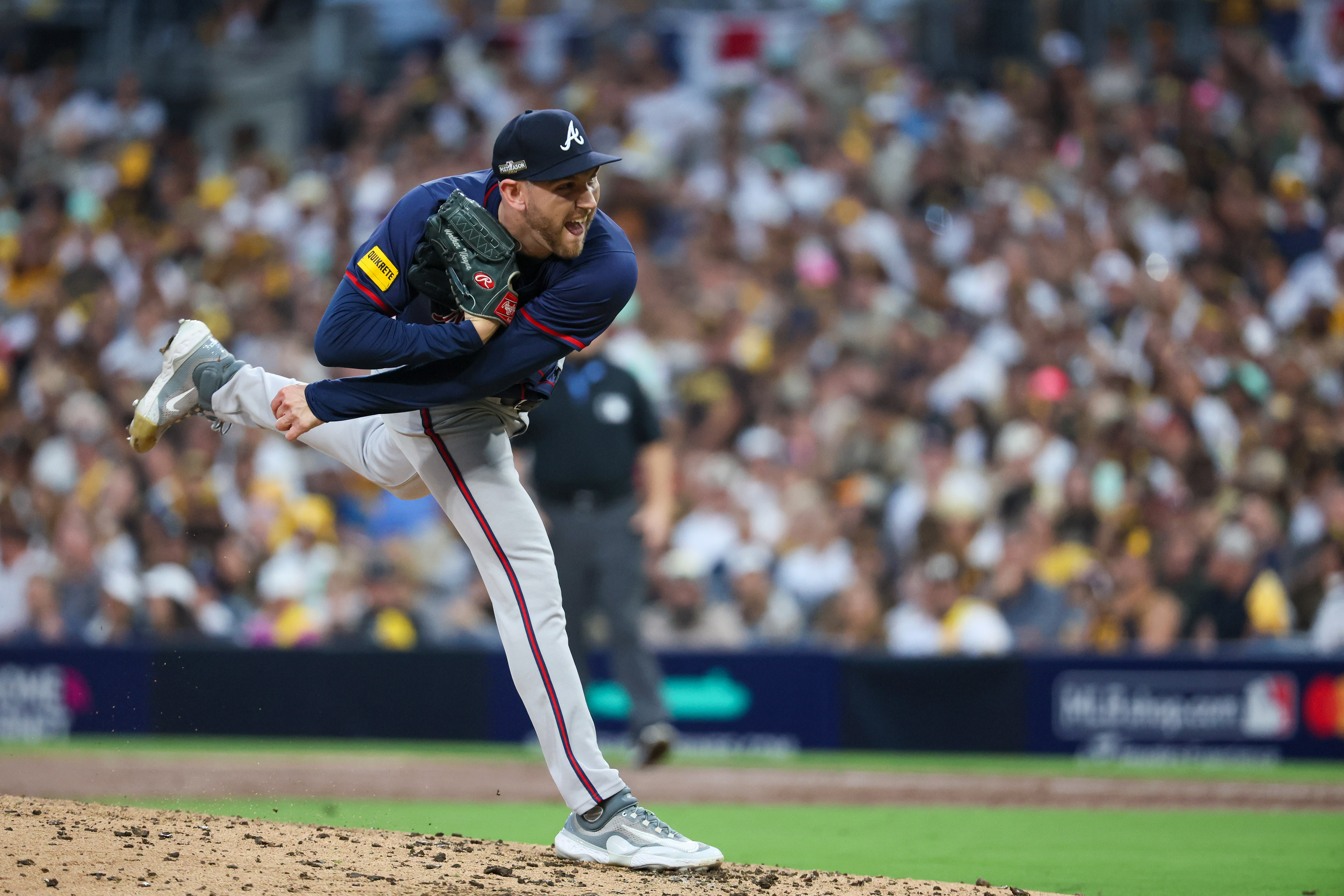 Atlanta Braves pitcher Dylan Lee delivers to the San Diego Padres during the third inning of National League Division Series Wild Card Game Two at Petco Park in San Diego on Wednesday, Oct. 2, 2024. (Jason Getz / Jason.Getz@ajc.com)