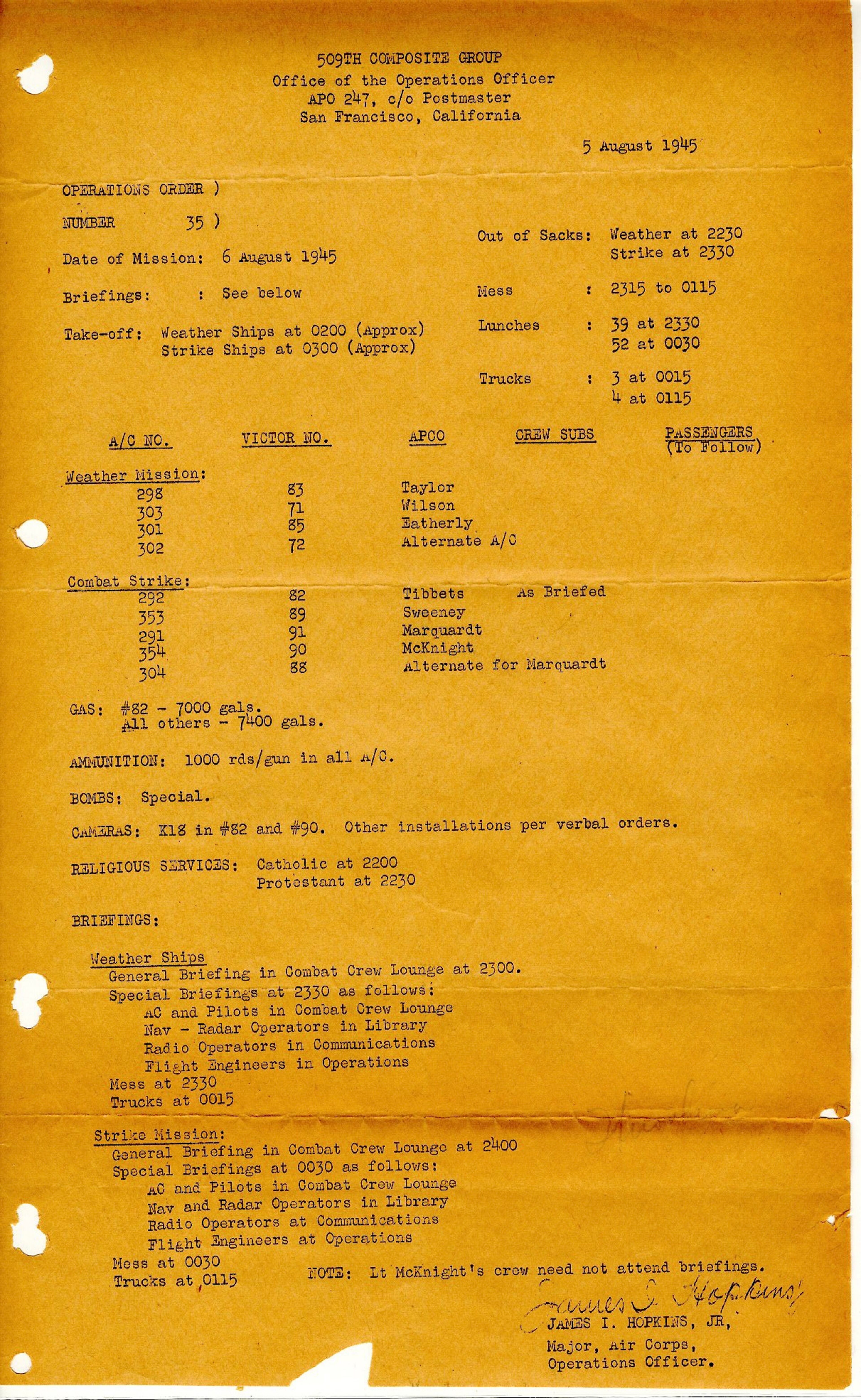 This image provided by the Museum of World War II Boston shows the operations order for Hiroshima, dated Aug. 5, 1945. According to the museum, this operations order was carried on the Enola Gay in the flight log of Jacob Beser, the radar and electronics specialist. The original copy of the operations order for dropping an atomic bomb on Hiroshima is on display at the private museum in the Boston suburbs as the deadly attack marks its 70th anniversary. (Museum of World War II Boston via AP)