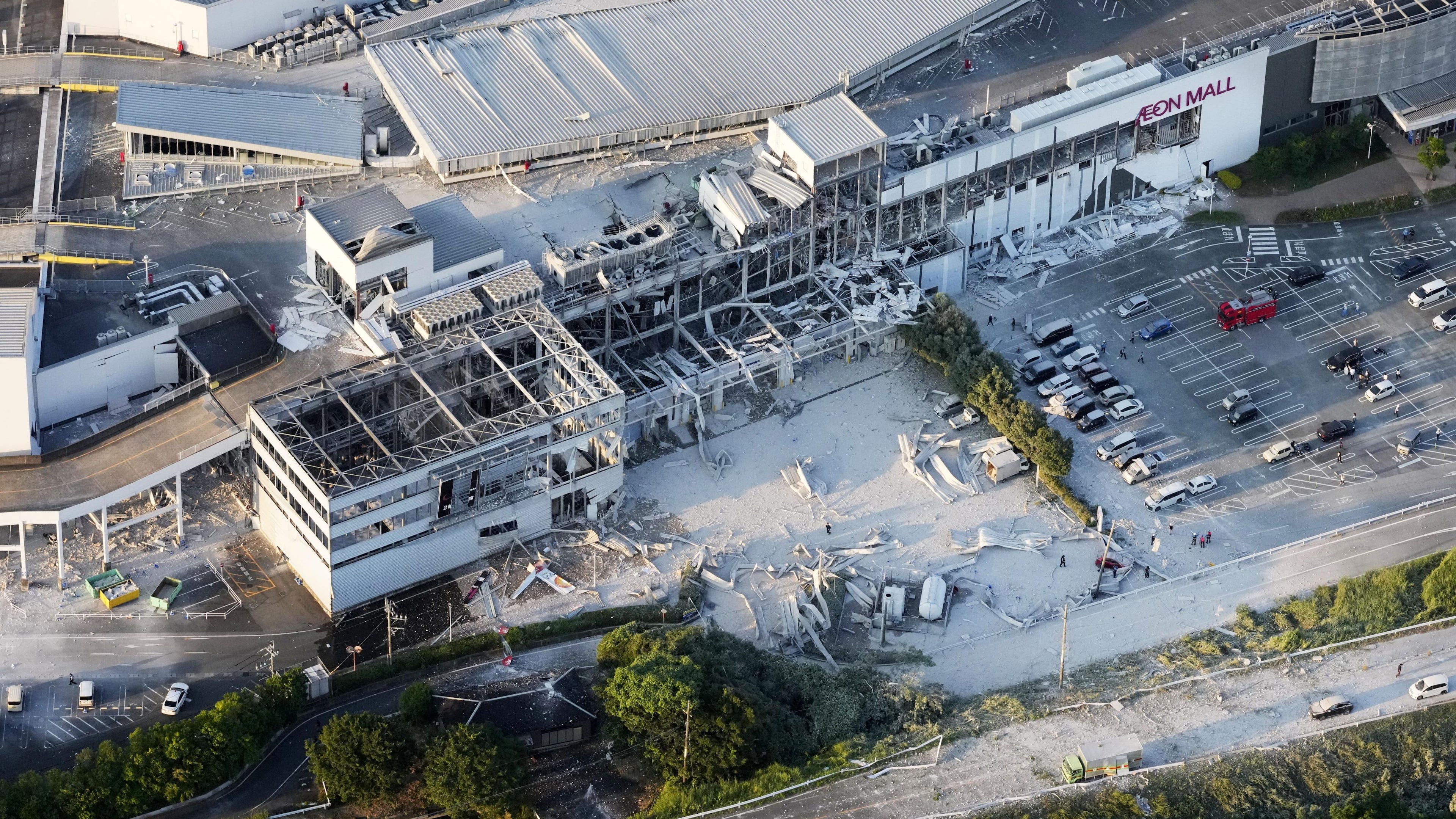 This aerial image shows the damaged AEON Mall following an earthquake in Kashima, Kumamoto prefecture, southern Japan, Tuesday, July 28, 2026. (Kyodo News via AP)