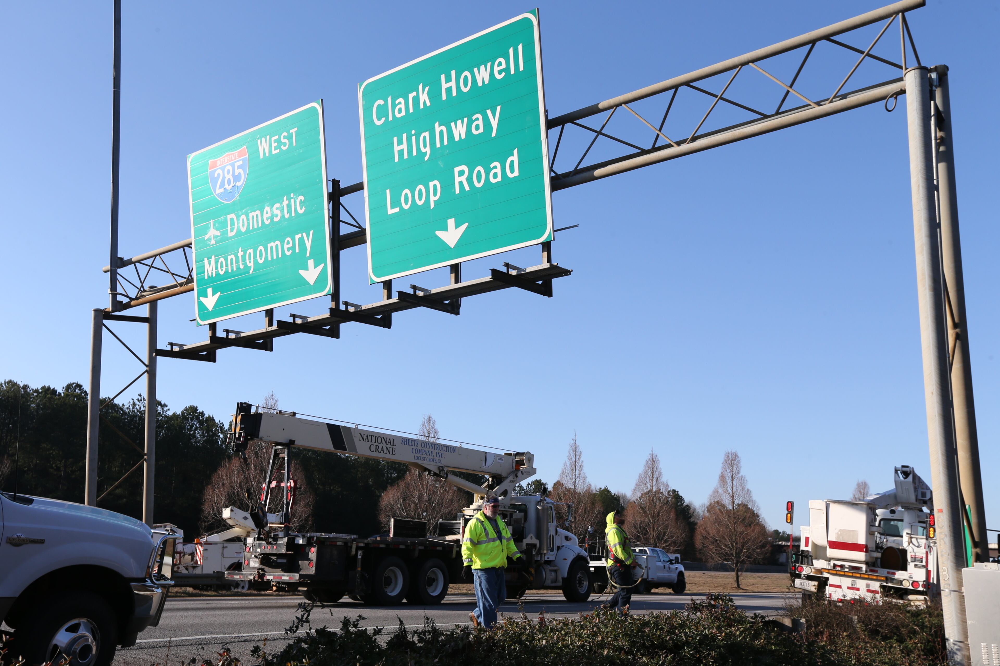 A vehicle left the roadway and slammed into pole holding up an overhead sign on a ramp from I-75 northbound to I-285 westbound in Clayton County. The crash shut the ramp and led to a five-mile backup.