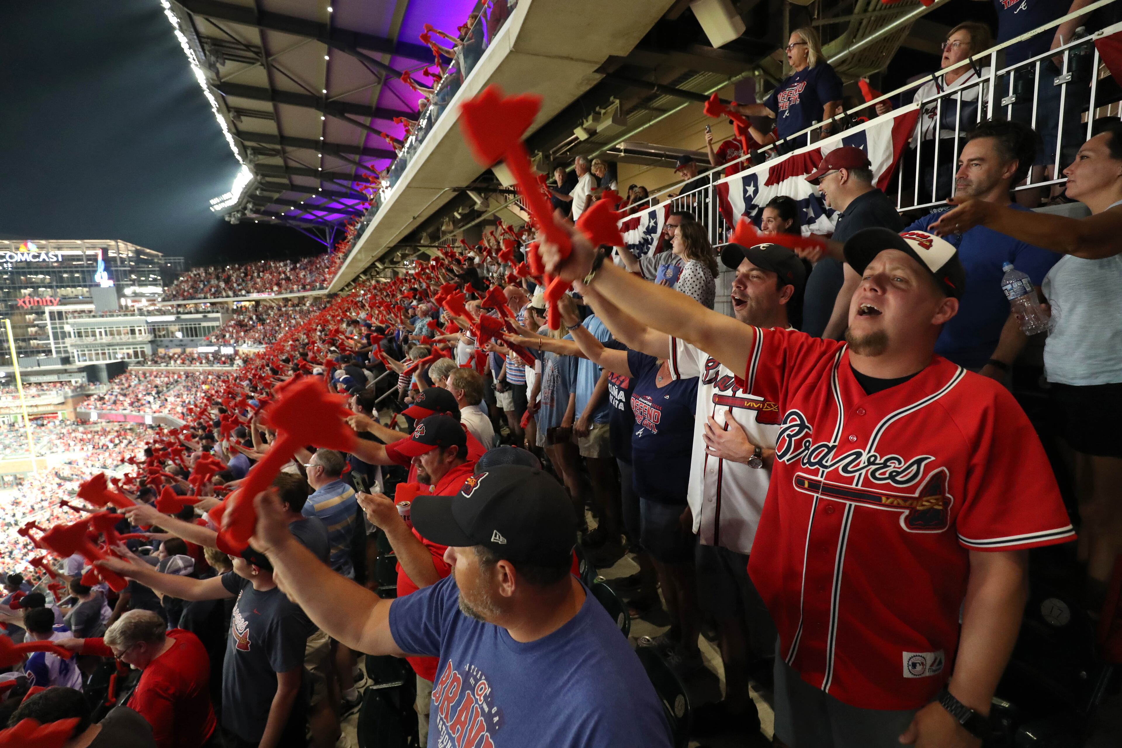 October 7, 2018 - Atlanta: Atlanta Braves fan Josh Philemon, of Newnan, Ga., participates in the tomahawk chop before the start of Game 3 between the Atlanta Braves and the Los Angeles Dodgers in a National League Division Series baseball game Sunday, October 7, 2018, in Atlanta. (JASON GETZ/SPECIAL TO THE AJC)