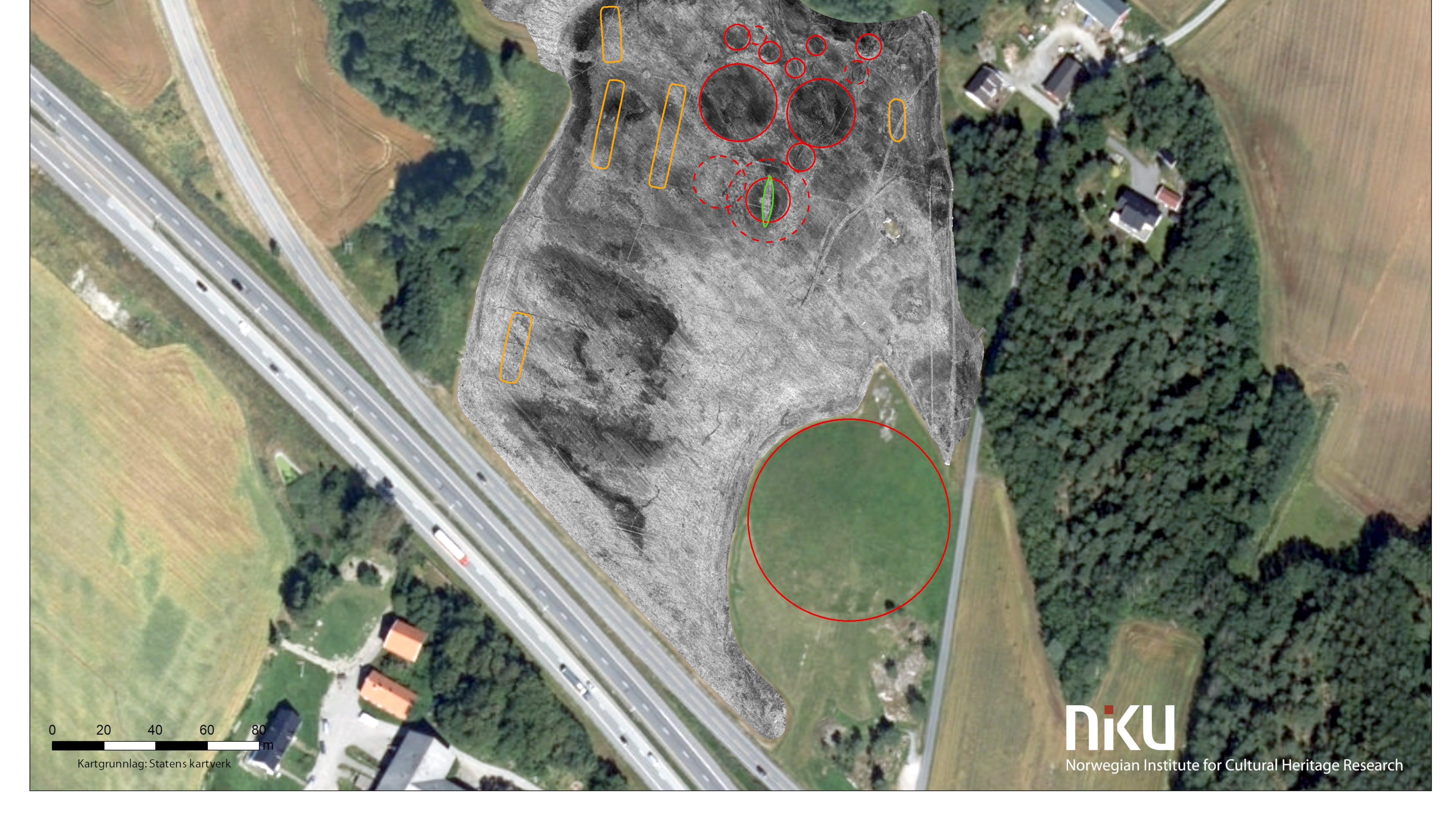 An image provided by NIKU, findings from the site in Gjellestad, Norway, where a Viking Age ship burial was found. The area was surveyed with ground-penetrating radar. (NIKU via The New York Times)-- NO SALES; FOR EDITORIAL USE ONLY WITH NYT STORY VIKING-SHIP BY JENNY GROSS FOR NOV. 11, 2020. ALL OTHER USE PROHIBITED. --.
