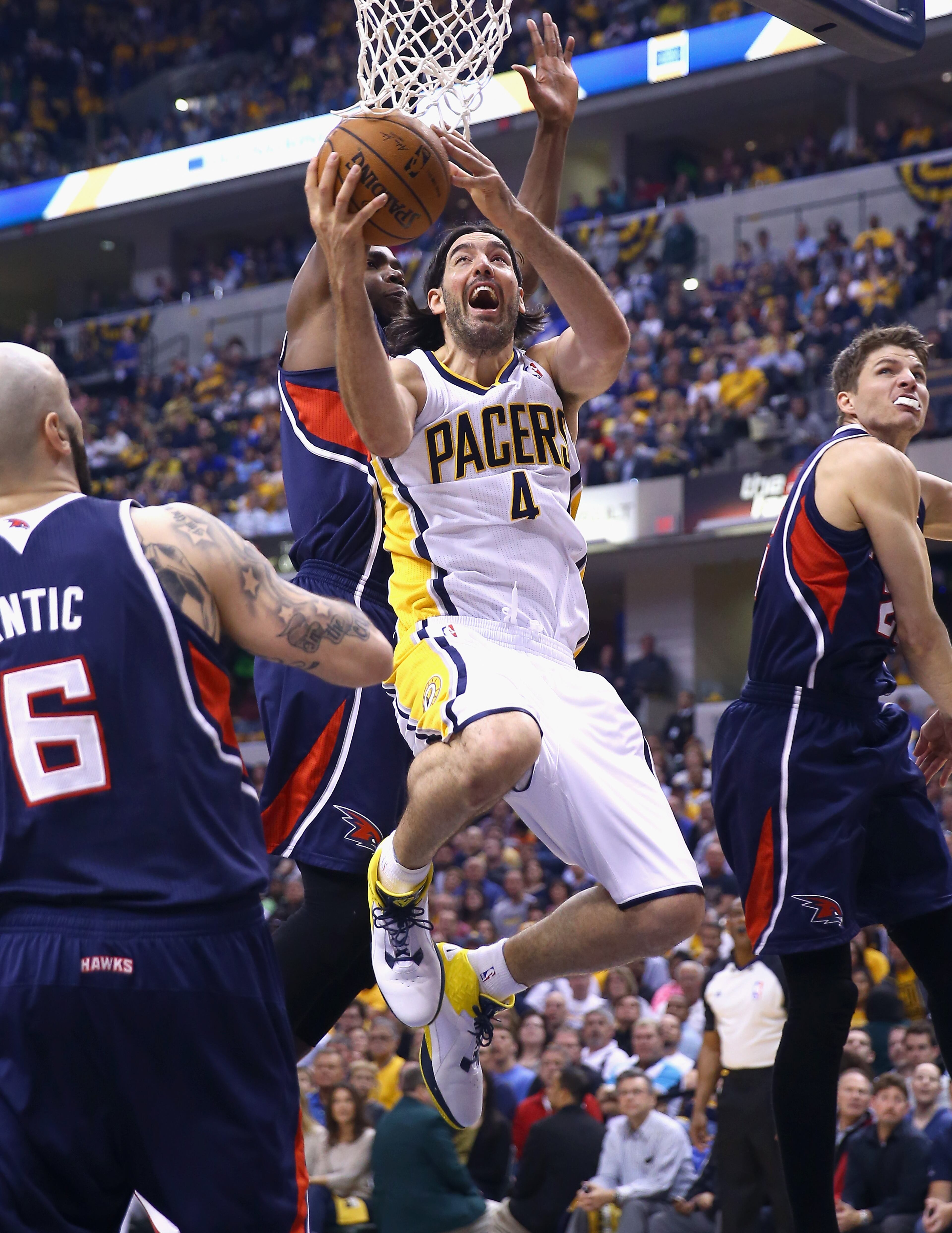 Luis Scola of the Indiana Pacers shoots the ball against the Atlanta Hawks in Game 2 of the Eastern Conference Quarterfinals during the 2014 NBA Playoffs at Bankers Life Fieldhouse on April 22, 2014 in Indianapolis. (Photo by Andy Lyons/Getty Images)