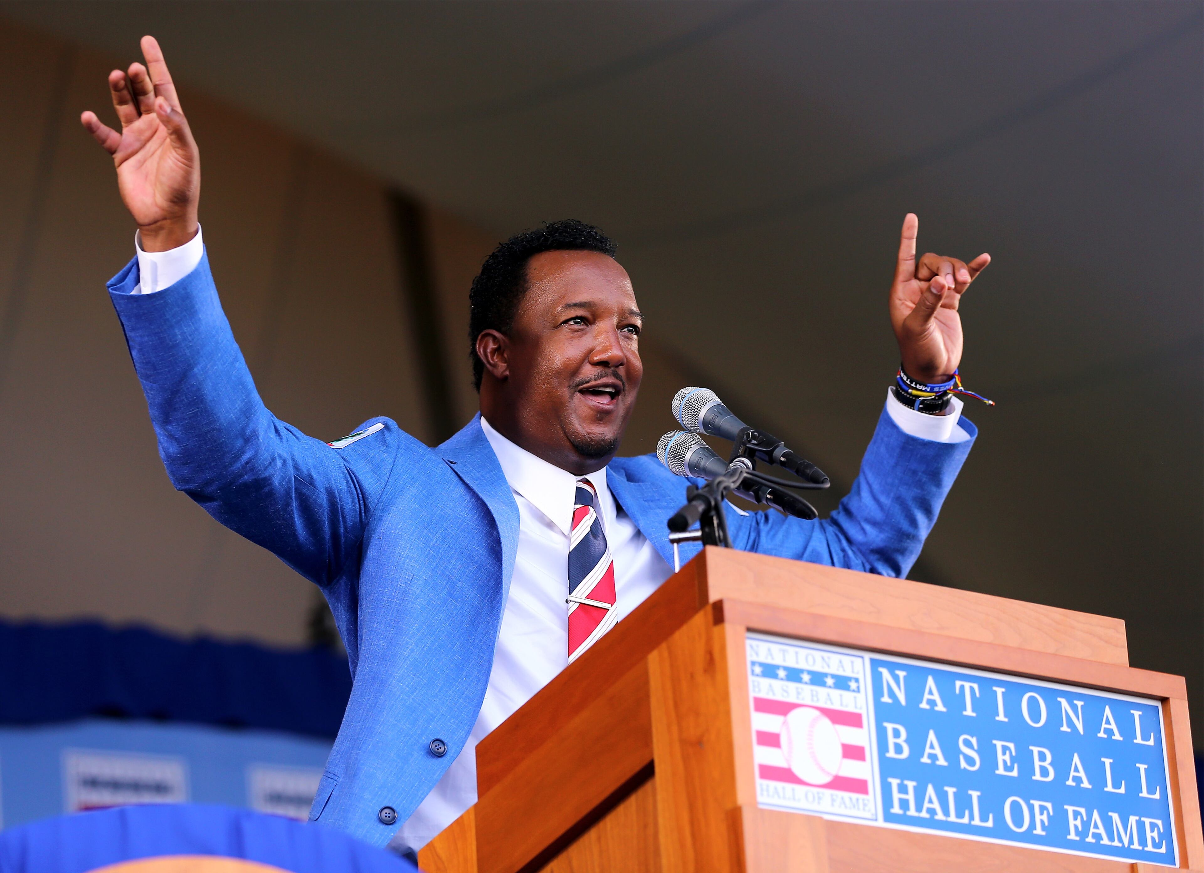 COOPERSTOWN, NY - JULY 26: Inductee Pedro Martinez speaks during the Induction Ceremony at National Baseball Hall of Fame on July 26, 2015 in Cooperstown, New York.Martinez, along with Craig Biggio,Randy Johnson and John Smoltz were inducted into the Baseball Hall of Fame. (Photo by Elsa/Getty Images)