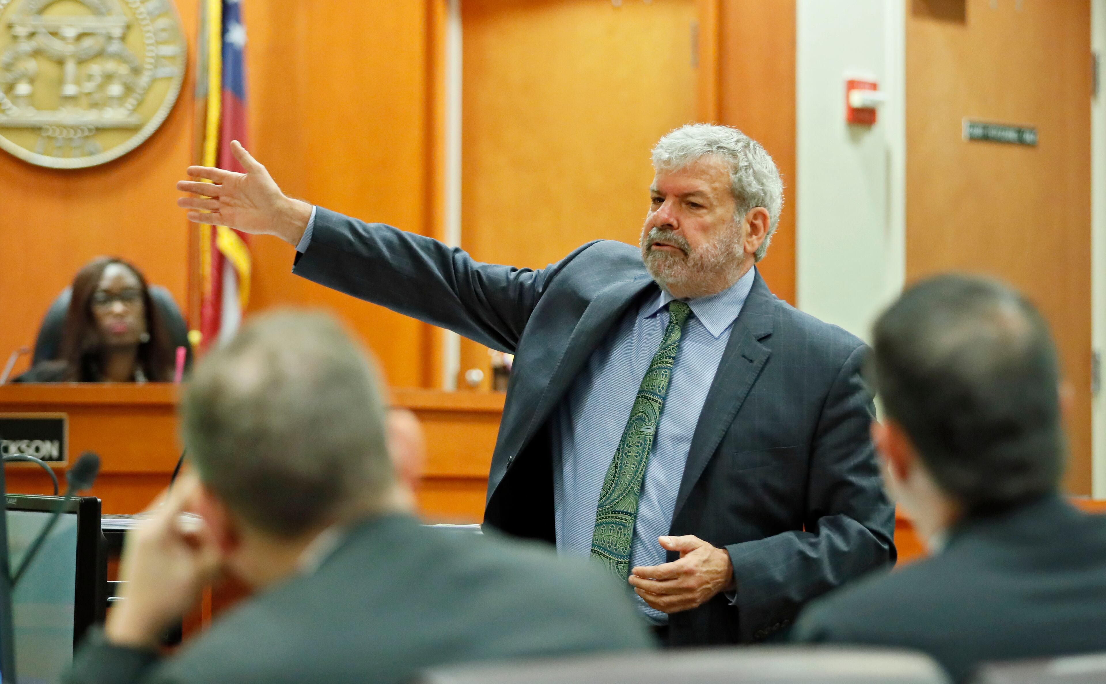 September 20, 2019 - Decatur - Defense attorney Don Samuel argues during motions this morning. Judge LaTisha Dear Jackson, the judge overseeing the murder trial against former DeKalb cop Chip Olsen held a pretrial hearing to consider the defense's request to keep out evidence that victim Anthony Hill was mentally ill and an Afghan war vet. Bob Andres / robert.andres@ajc.com
