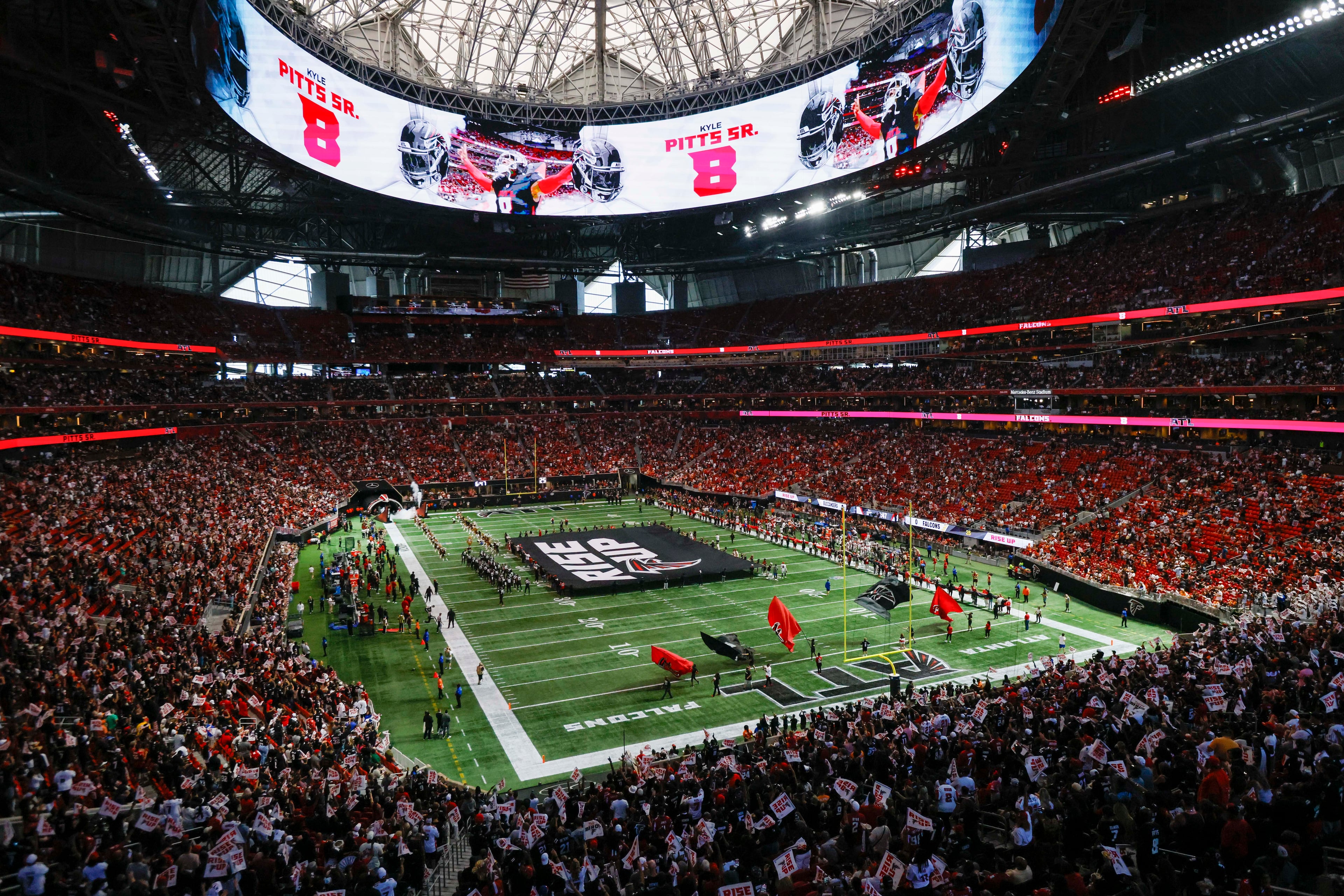 The Atlanta Falcons Rise Up flag is displayed during the team’s introduction prior to the home opener game between the Atlanta Falcons and the Tampa Bay Buccaneers at Mercedes-Benz Stadium on Sunday, September 7, 2025, in Atlanta.
(Miguel Martinez/ AJC)