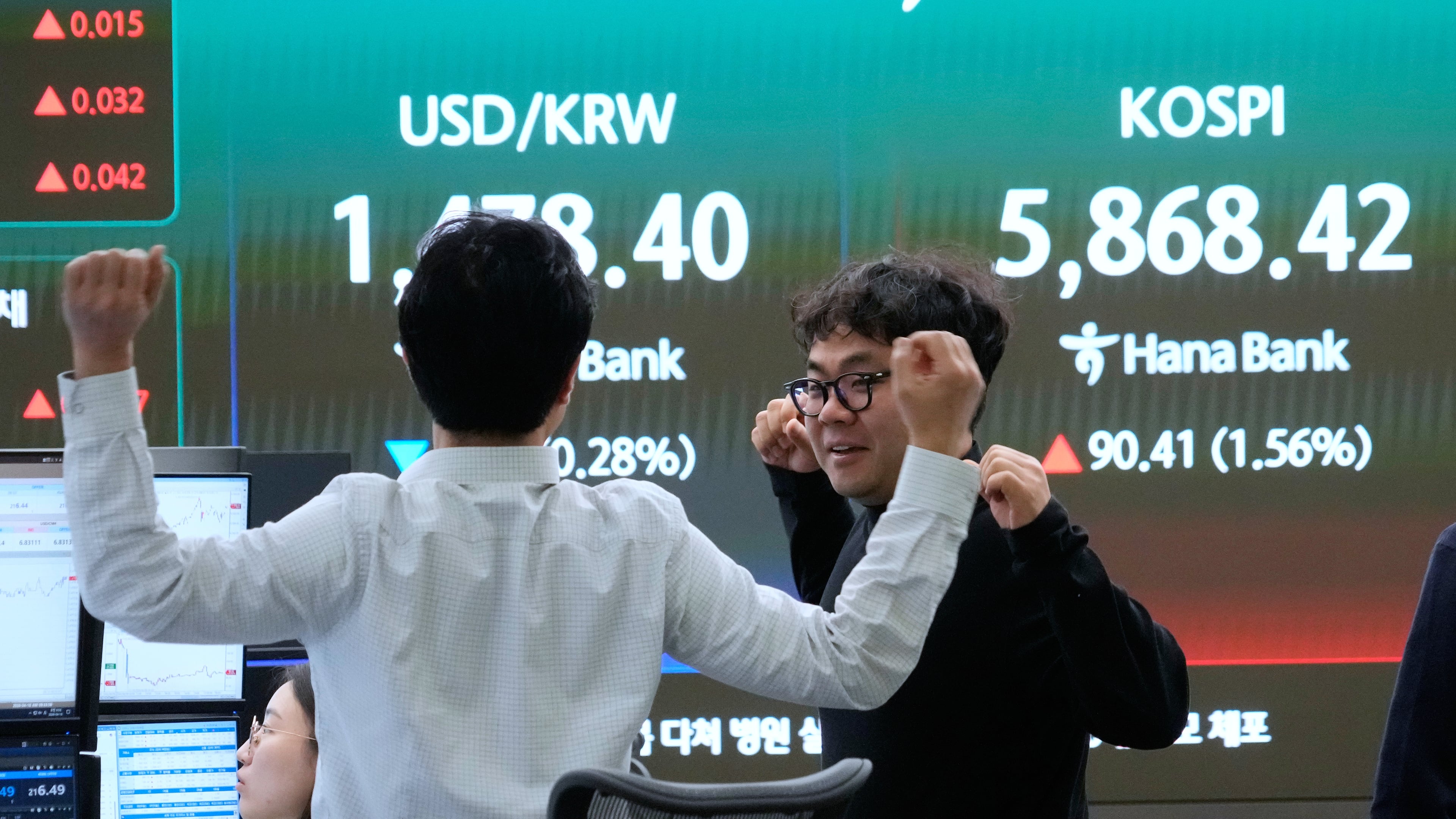 Currency traders stretch near a screen showing the Korea Composite Stock Price Index (KOSPI), right, and the foreign exchange rate between U.S. dollar and South Korean won at the foreign exchange dealing room of the Hana Bank headquarters, in Seoul, South Korea, Friday, April 10, 2026. (AP Photo/Ahn Young-joon)