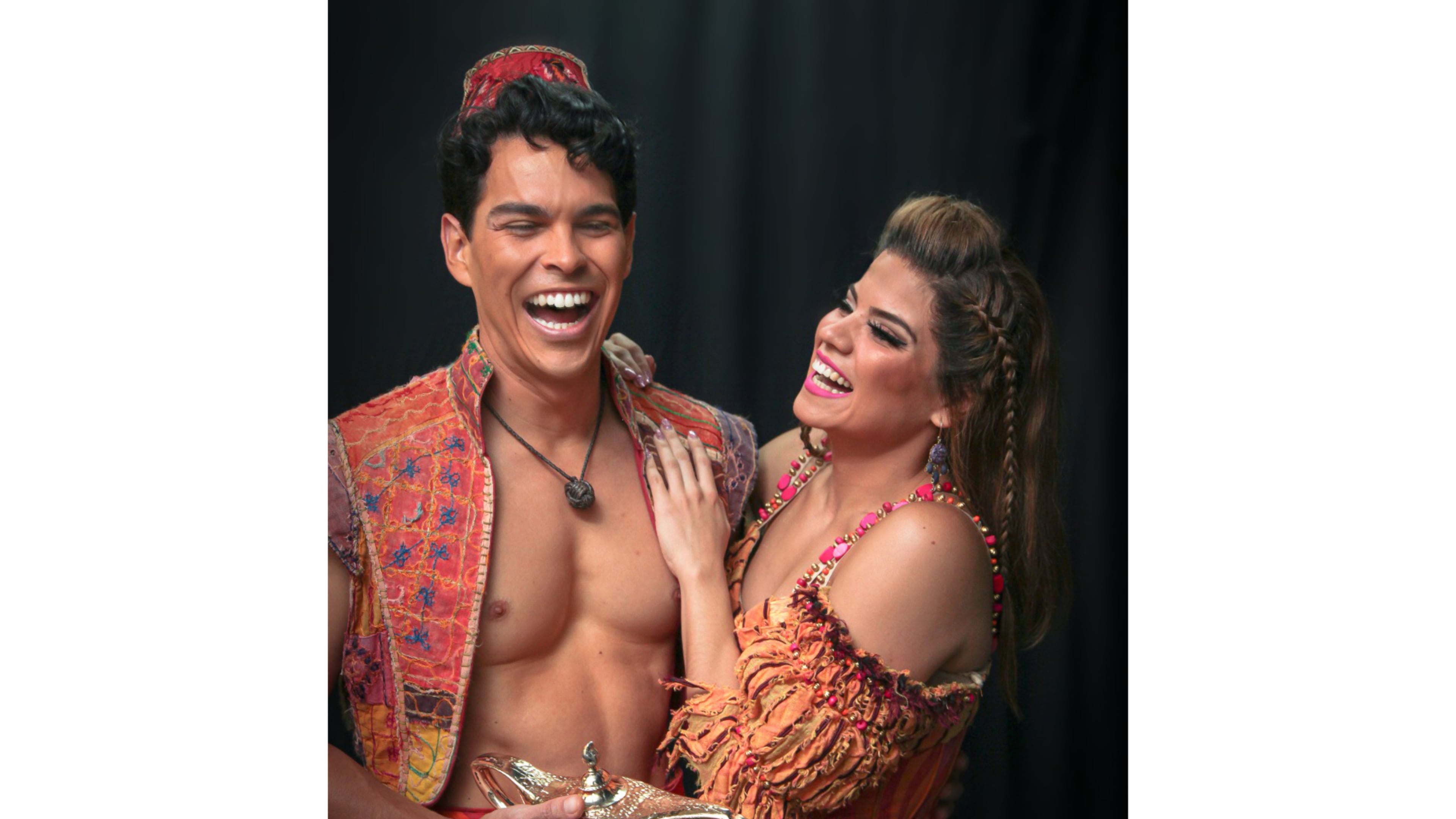 This 2022 image shows actors Rodney Ingram, left, and his now wife Sonia Monroy during rehearsals for “Aladdin”at the Telcel Theatre in Mexico City. (Rodrigo Negrini via AP)
