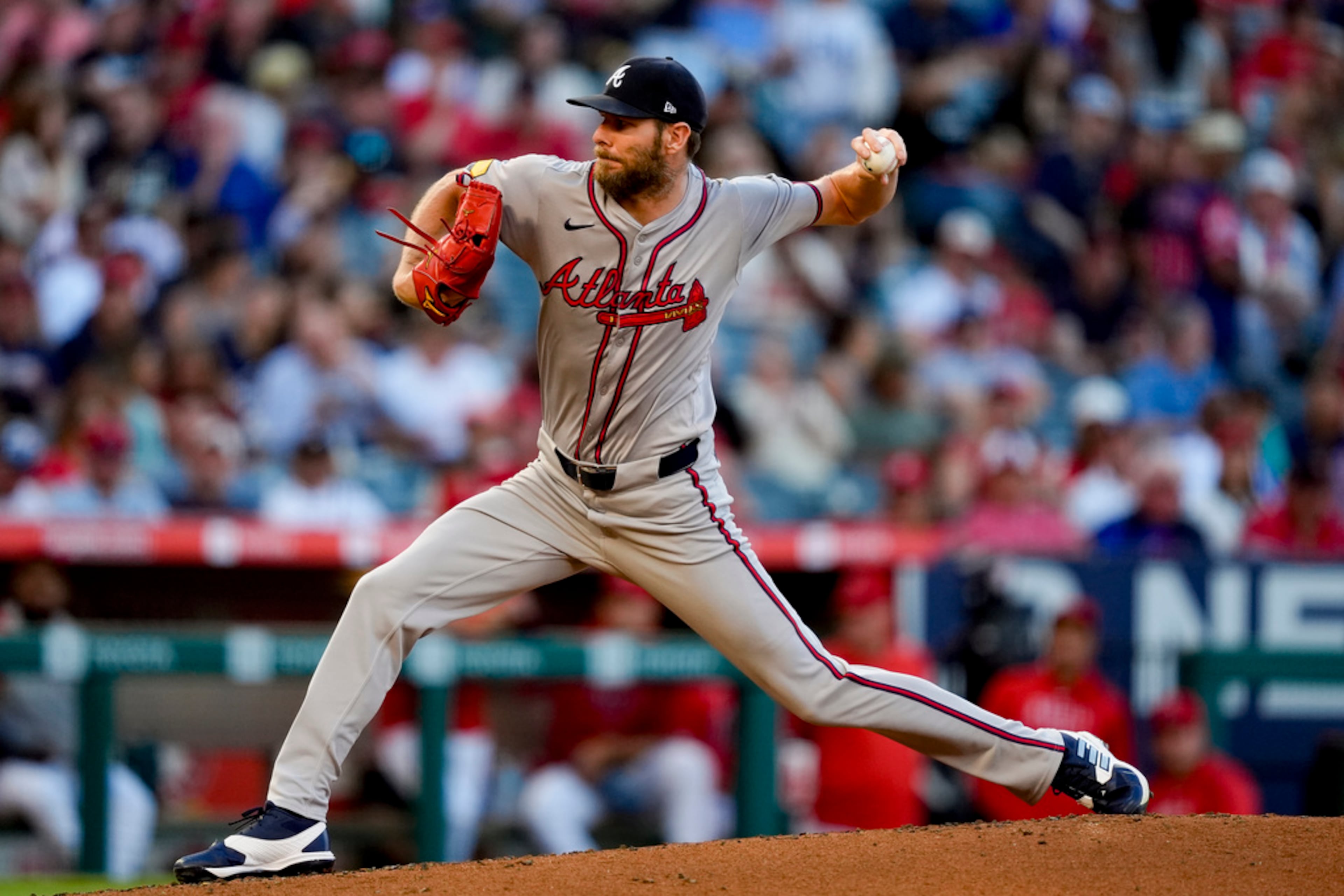 Atlanta Braves starting pitcher Chris Sale throws during the first inning of a baseball game against the Los Angeles Angels, Saturday, Aug. 17, 2024, in Anaheim, Calif. (AP Photo/Ryan Sun)