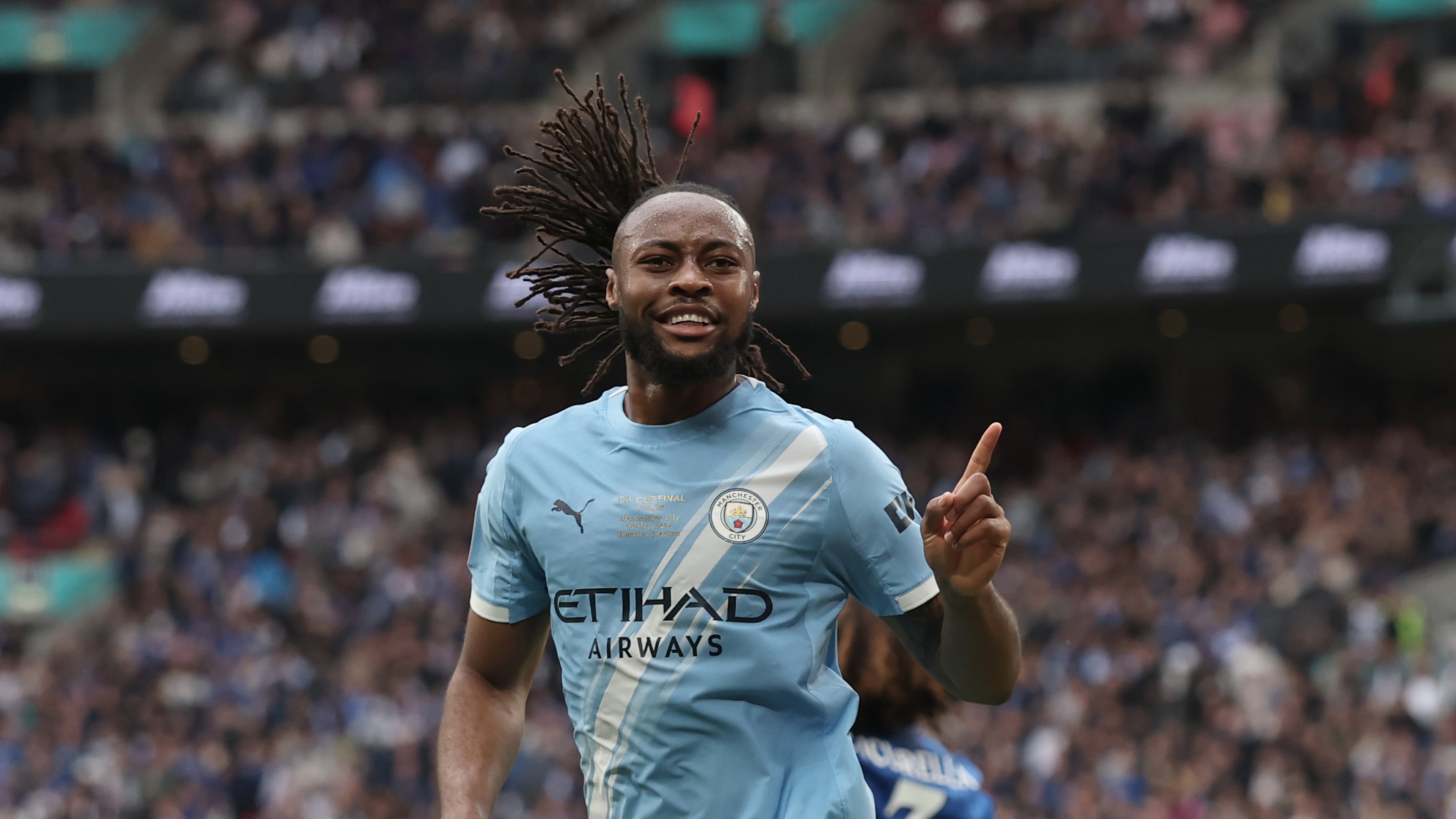 Manchester City's Antoine Semenyo celebrates after scoring the opening goal during the English FA Cup final soccer match between Chelsea and Manchester City in London, Saturday, May 16, 2026. (AP Photo/Richard Pelham)