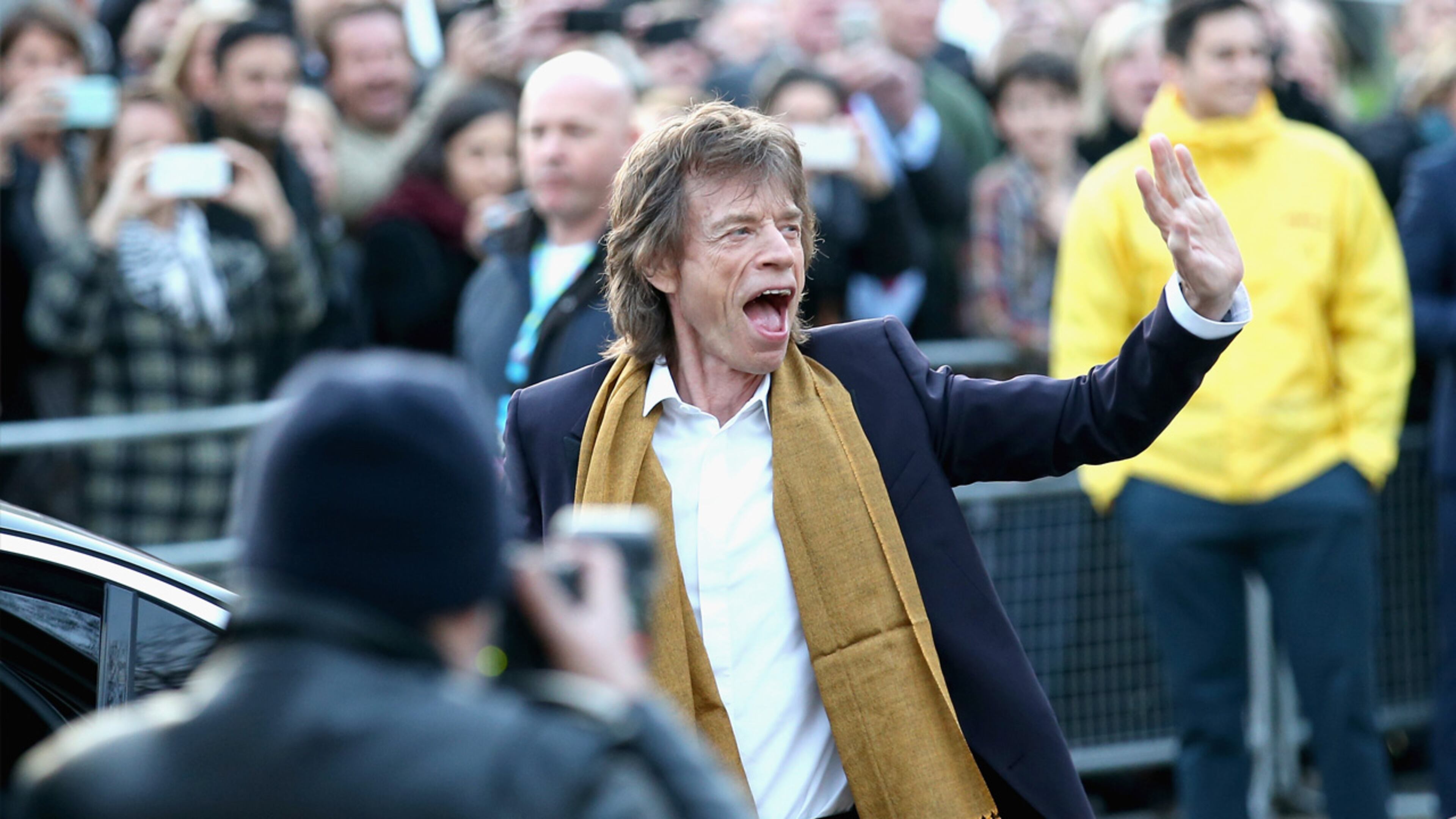Mick Jagger arrives for the private view of 'The Rolling Stones: Exhibitionism' at the Saatchi Gallery on April 4, 2016 in London, England.