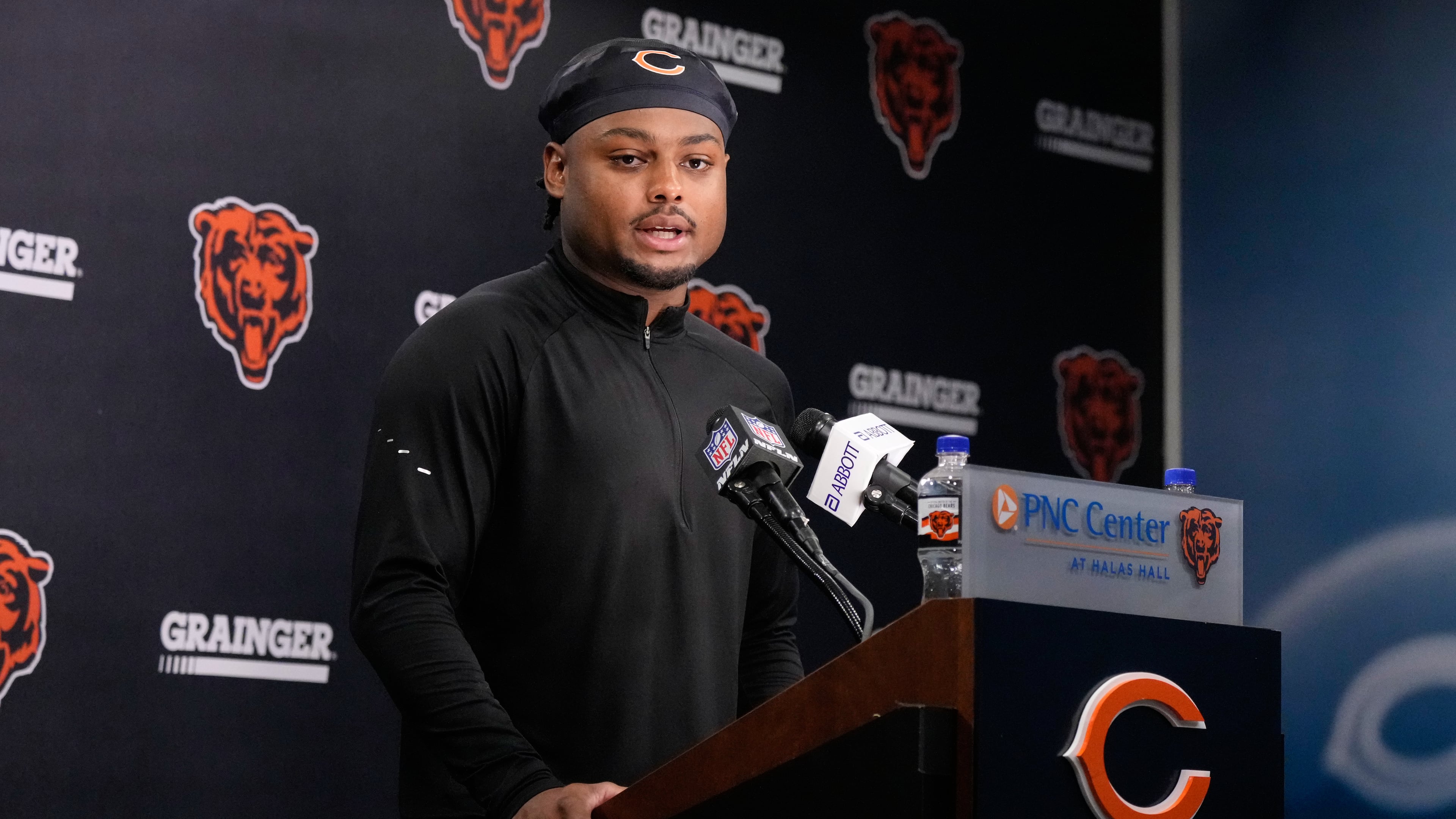 Chicago Bears defensive back Coby Bryant speaks during news conference at the team's NFL football training camp, Wednesday, July 29, 2026, in Lake Forest, Ill. (AP Photo/Nam Y. Huh)