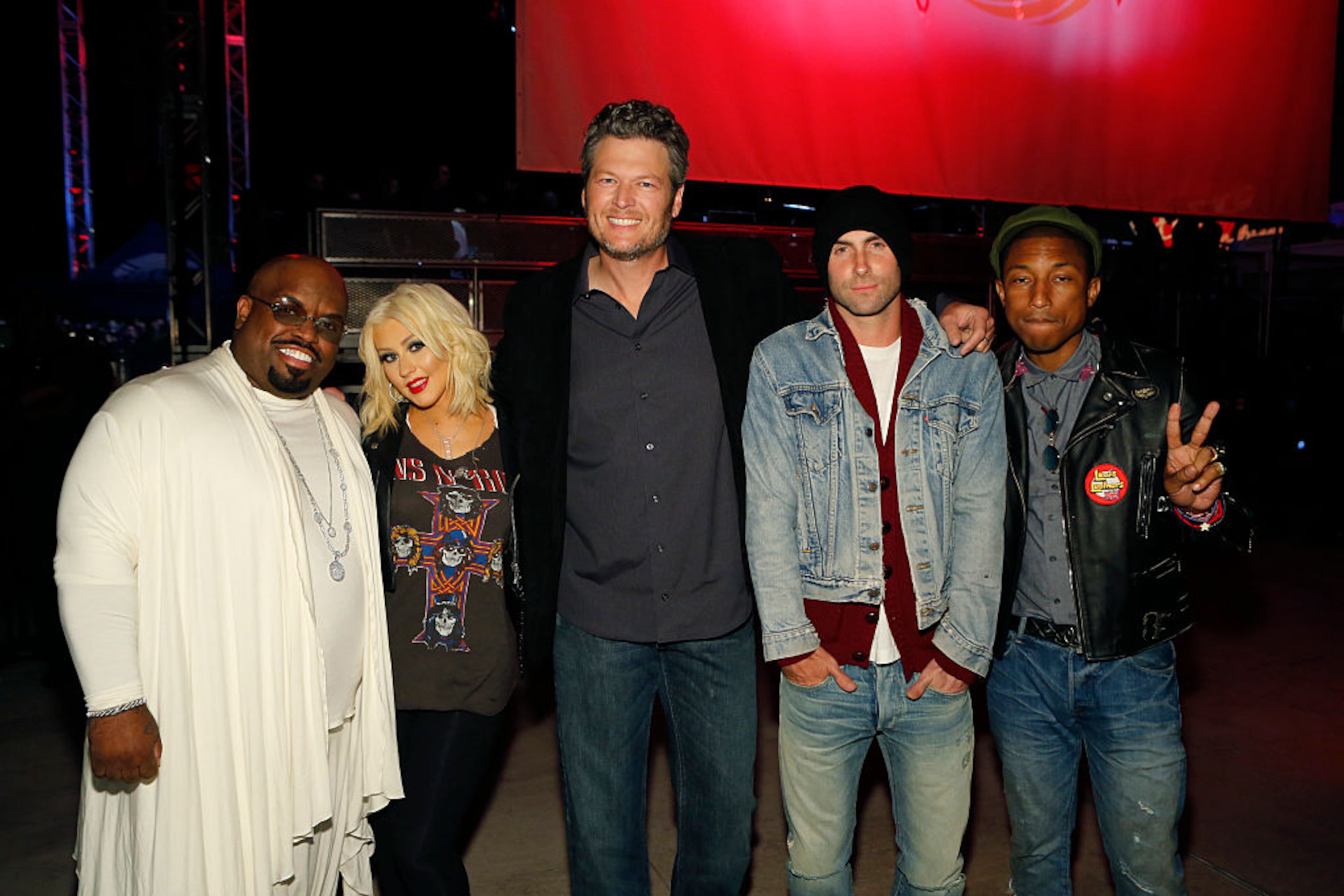 WEST HOLLYWOOD, CA - APRIL 23: In this handout image provided by NBCUniversal, former coach on "The Voice" CeeLo Green poses with current coaches of "The Voice" Christina Aguilera, Blake Shelton, Adam Levine and Pharrell Williams at NBC's "The Voice Coaches & Top 8 Contestants Concert" on April 23, 2015 at the Pacific Design Center in West Hollywood, California. (Photo by Trae Patton/NBC via Getty Images)