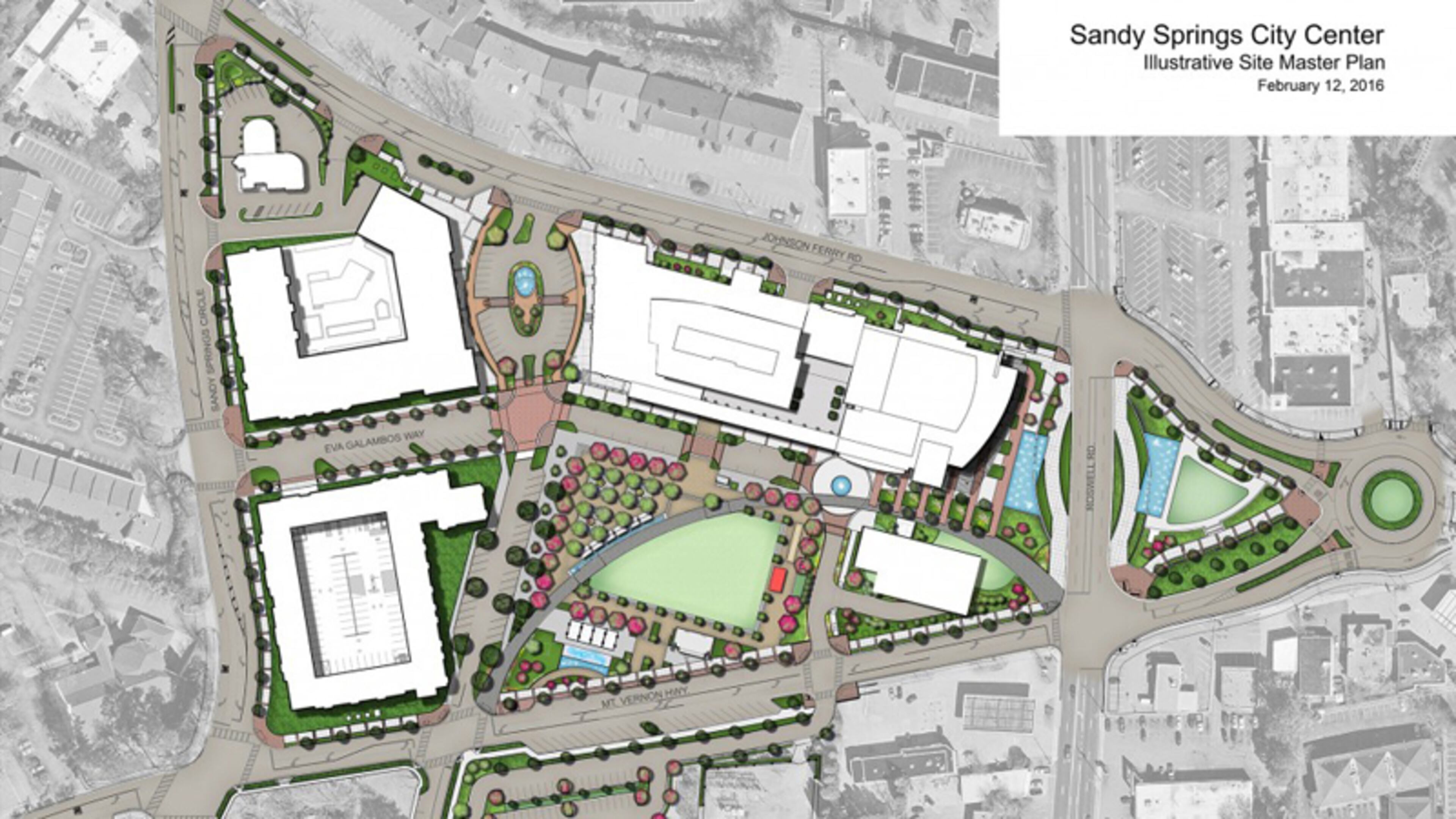 Sandy Springs is in final negotiations to buy a triangular parcel that would form the eastern end of its City Springs downtown redevelopment. The site, on the far right side of the project map, is to become a city park facing Roswell Road, and a traffic roundabout at Johnson Ferry Road and Mount Vernon Highway. CITY OF SANDY SPRINGS