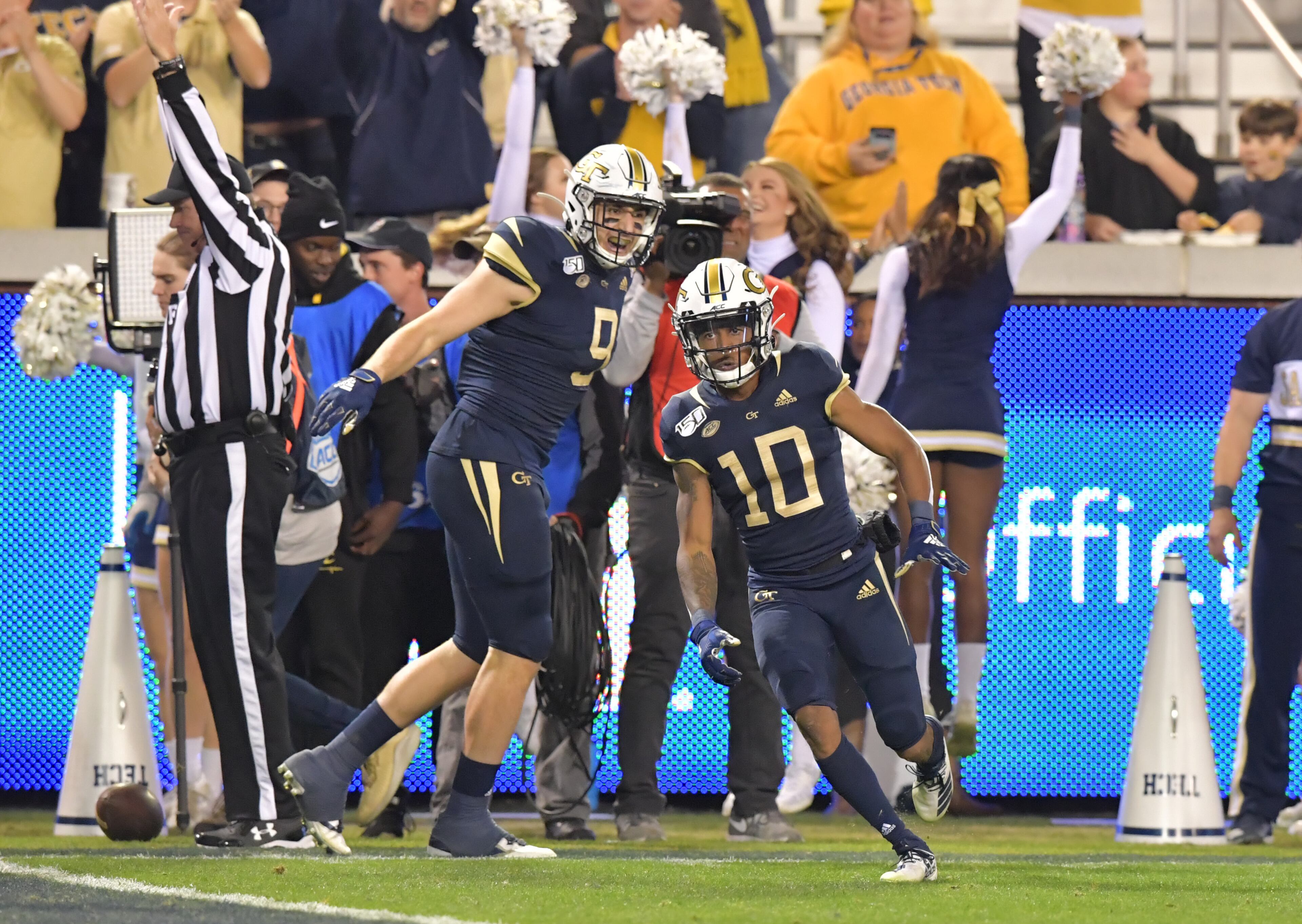 Georgia Tech wide receiver Ahmarean Brown (10) celebrates after he scored a touchdown during the first half of an NCAA college football game at Bobby Dodd Stadium on Thursday, November 21, 2019. (Hyosub Shin / Hyosub.Shin@ajc.com)