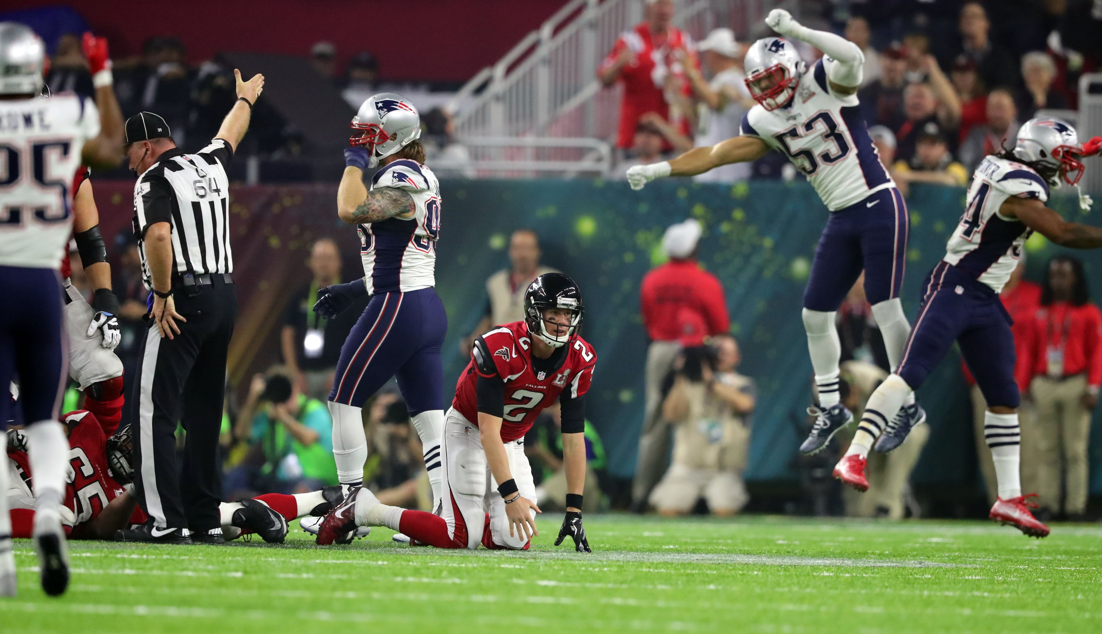 FEBRUARY 5, 2017 HOUSTON TX New England Patriots players celebrate a turnover that lead to them tying the game late in the 4th quarter as the Atlanta Falcons meet the New England Patriots in Super Bowl LI at NRG Stadium in Houston, TX, Sunday, February 5, 2017. The Patriots beat the Falcons in OT 34-28. Curtis Compton/AJC