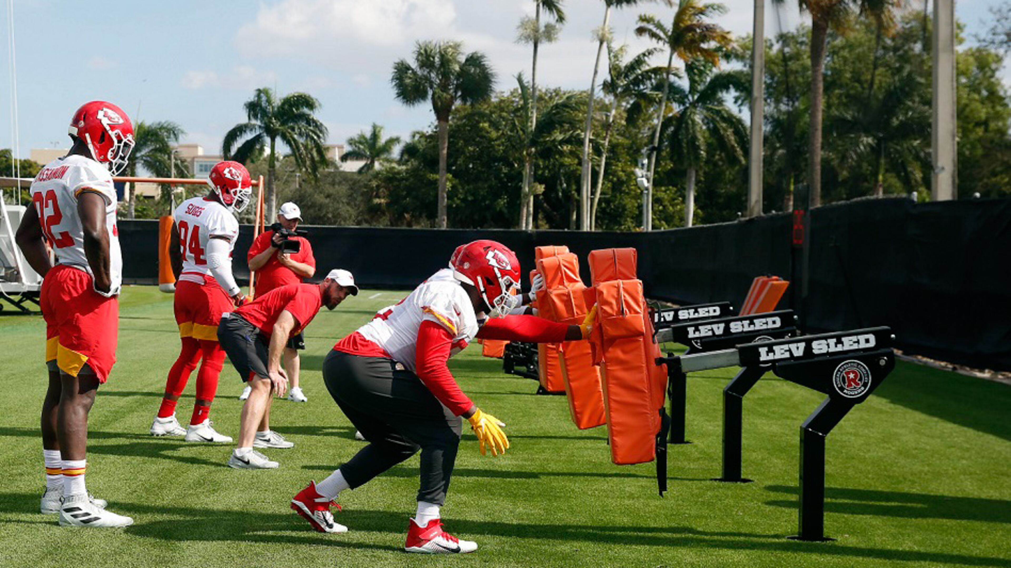 Kansas City Chiefs linebacker Demone Harris (52) runs drills during practice, Thursday, Jan. 30, 2020, in Davie, Fla., for the NFL Super Bowl 54 football game. (AP Photo/Brynn Anderson)