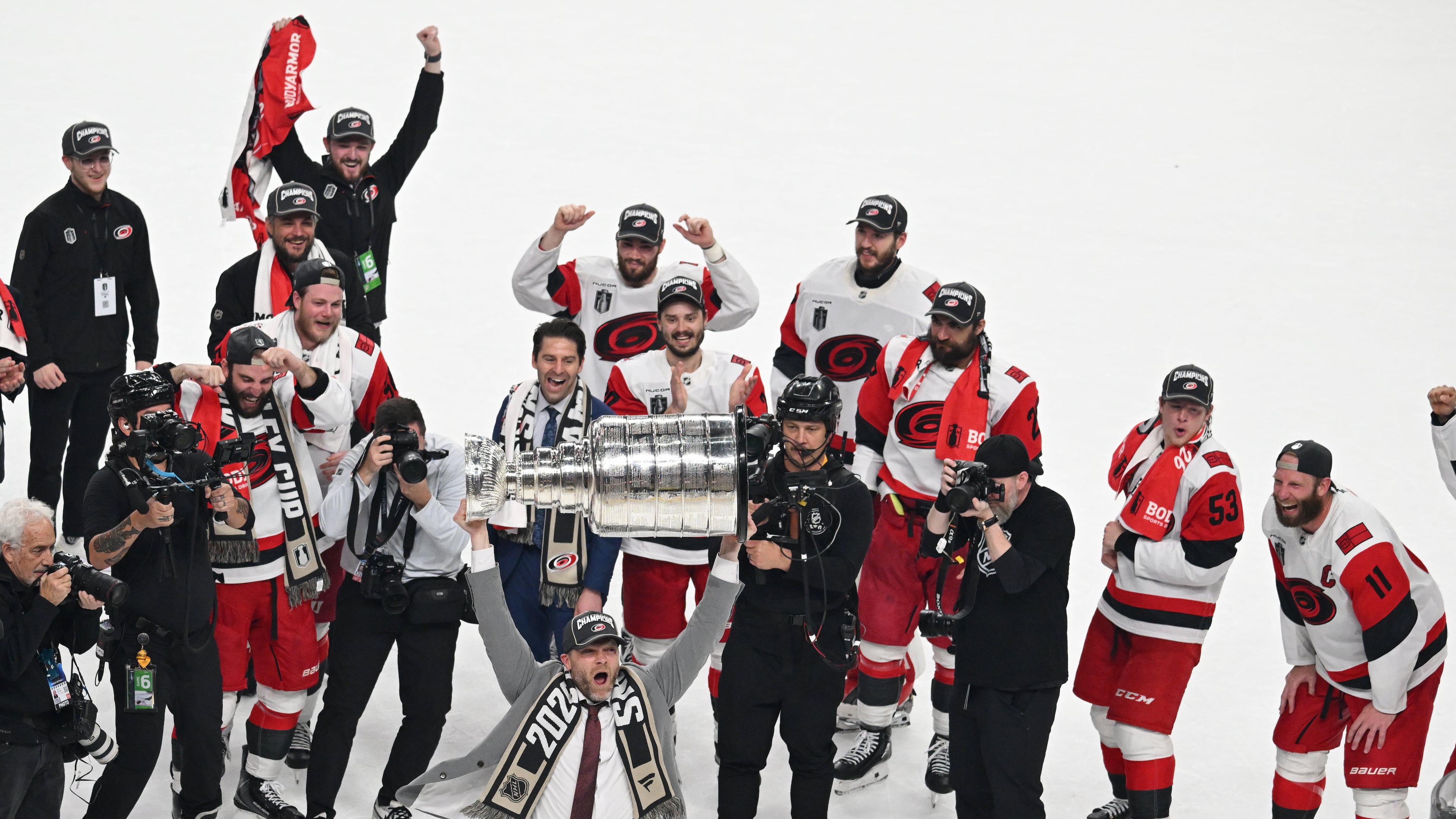The Carolina Hurricanes celebrates after a win over the Vegas Golden Knights in Game 6 of the NHL hockey Stanley Cup Final series, Sunday, June 14, 2026, in Las Vegas. (AP Photo/Candice Ward)