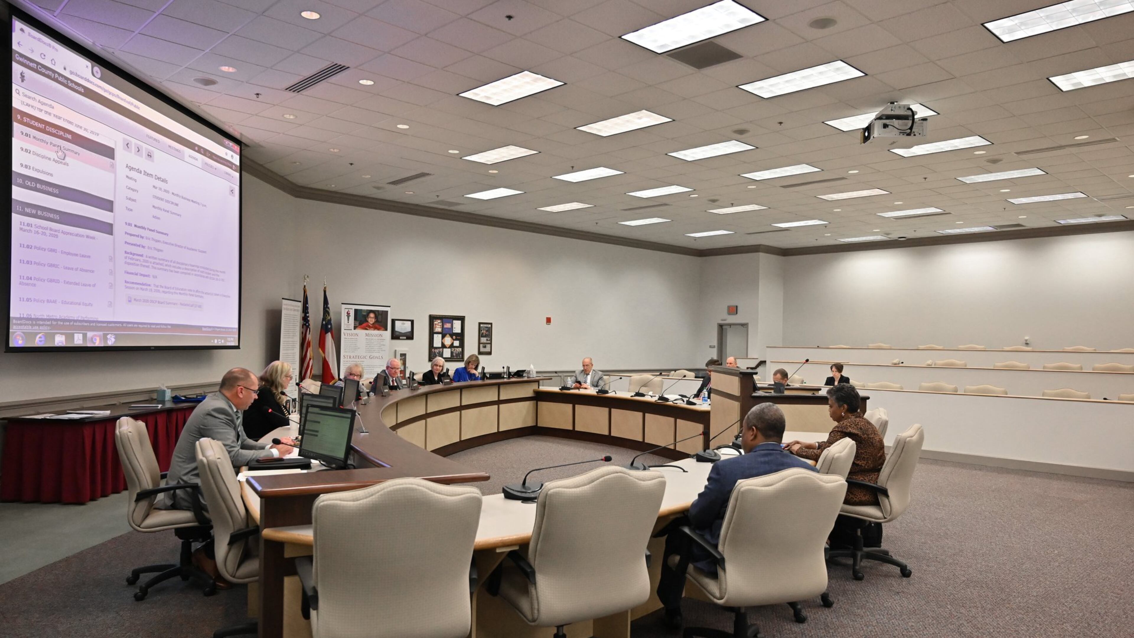 The Gwinnett County school board held its regular meeting on Thursday, March 19, in person, with no public attendees. Thursday, it will make history with its first-ever meeting conducted in cyberspace. HYOSUB SHIN / HYOSUB.SHIN@AJC.COM