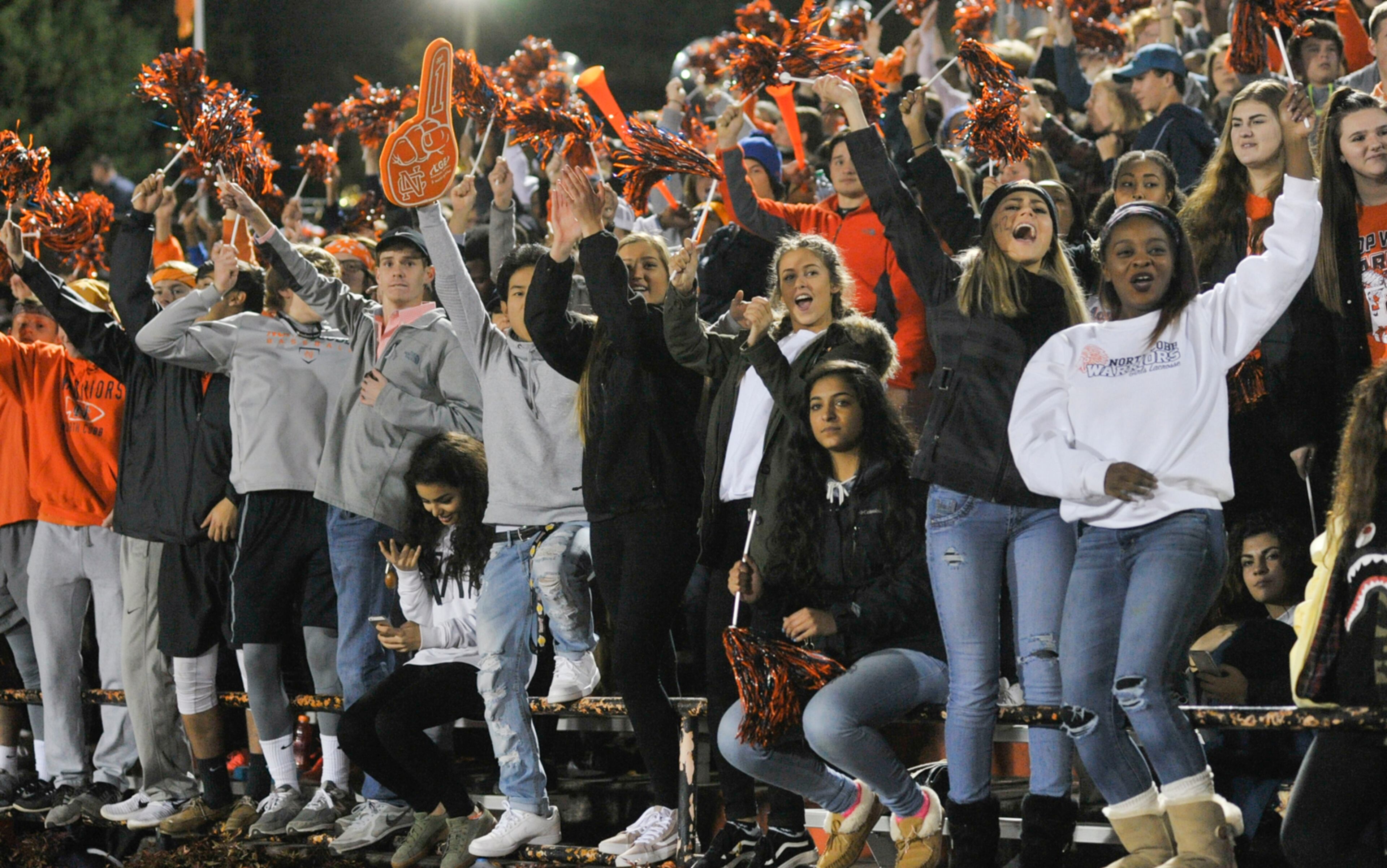 Kennesaw, Ga. -- North Cobb students cheer on the Warriors after a play in the first half of their game against Tift County Friday November 11, 2016. SPECIAL/Daniel Varnado