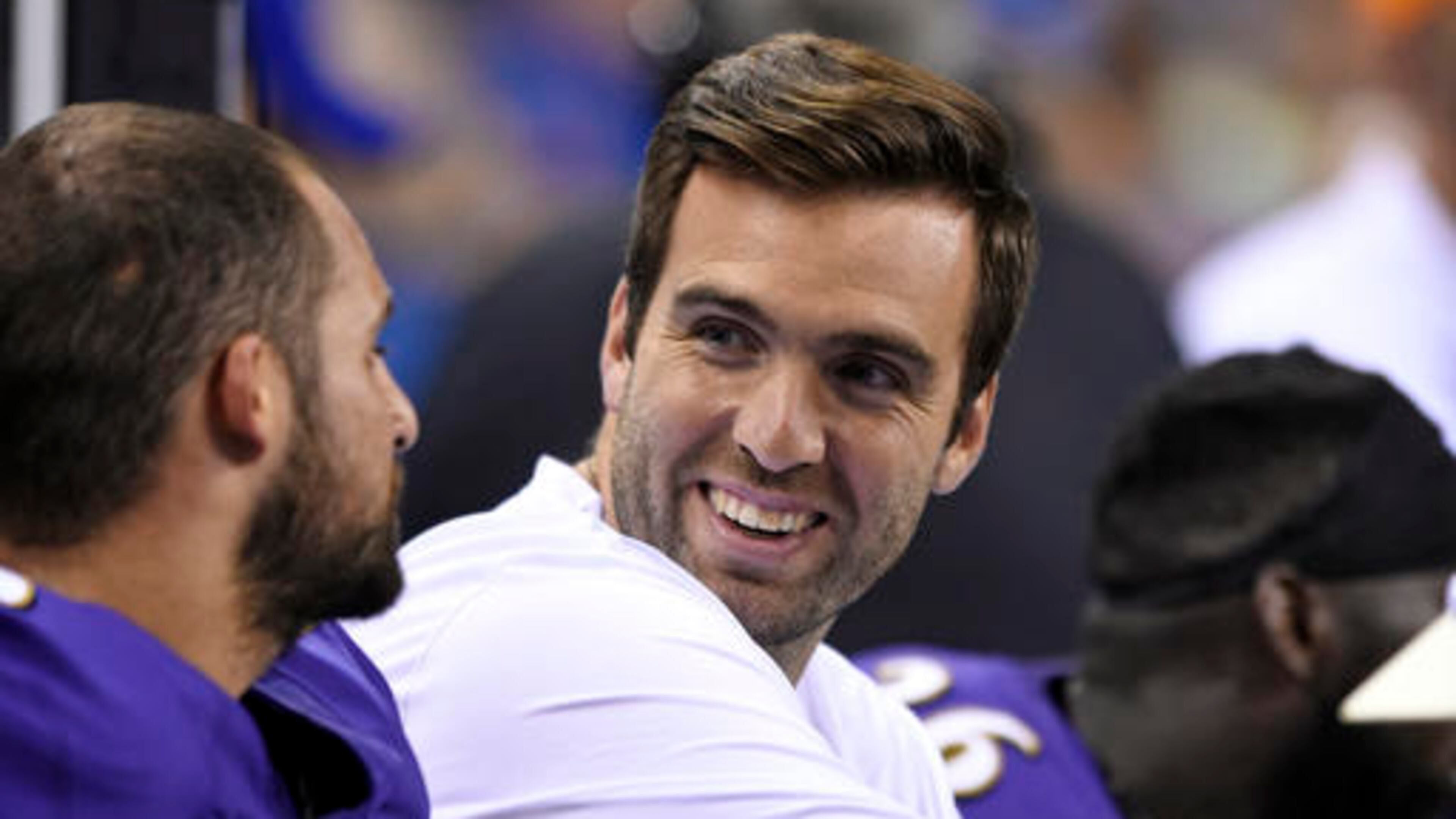 Baltimore Ravens quarterback Joe Flacco, right, talks with wide receiver Michael Campanaro on the bench during the second half of an NFL preseason football game against the Indianapolis Colts in Indianapolis, Saturday, Aug. 20, 2016. (AP Photo/Doug McSchooler)