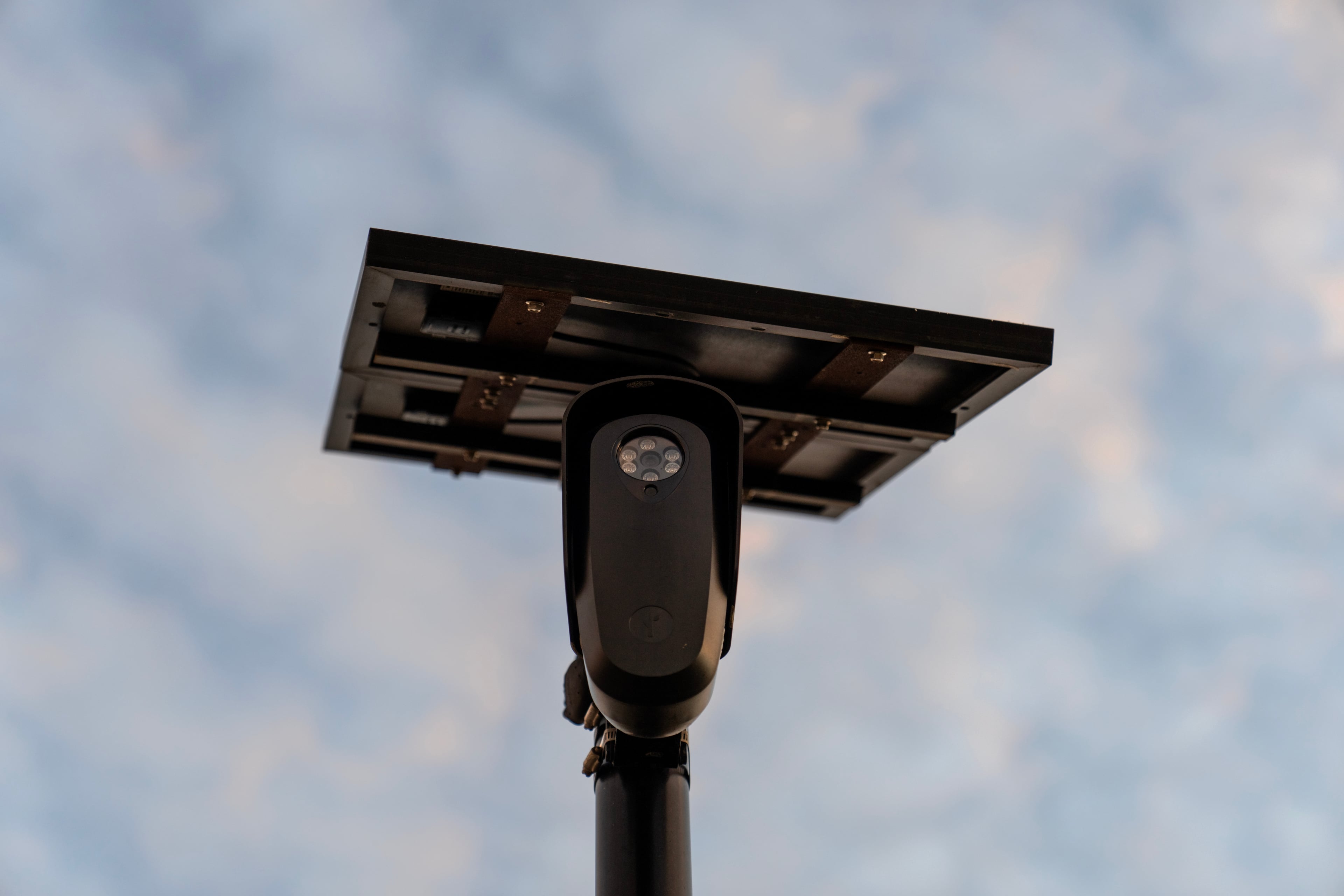 A Flock Safety license plate reader is seen along a public road in Houston. (David Goldman/AP 2025)