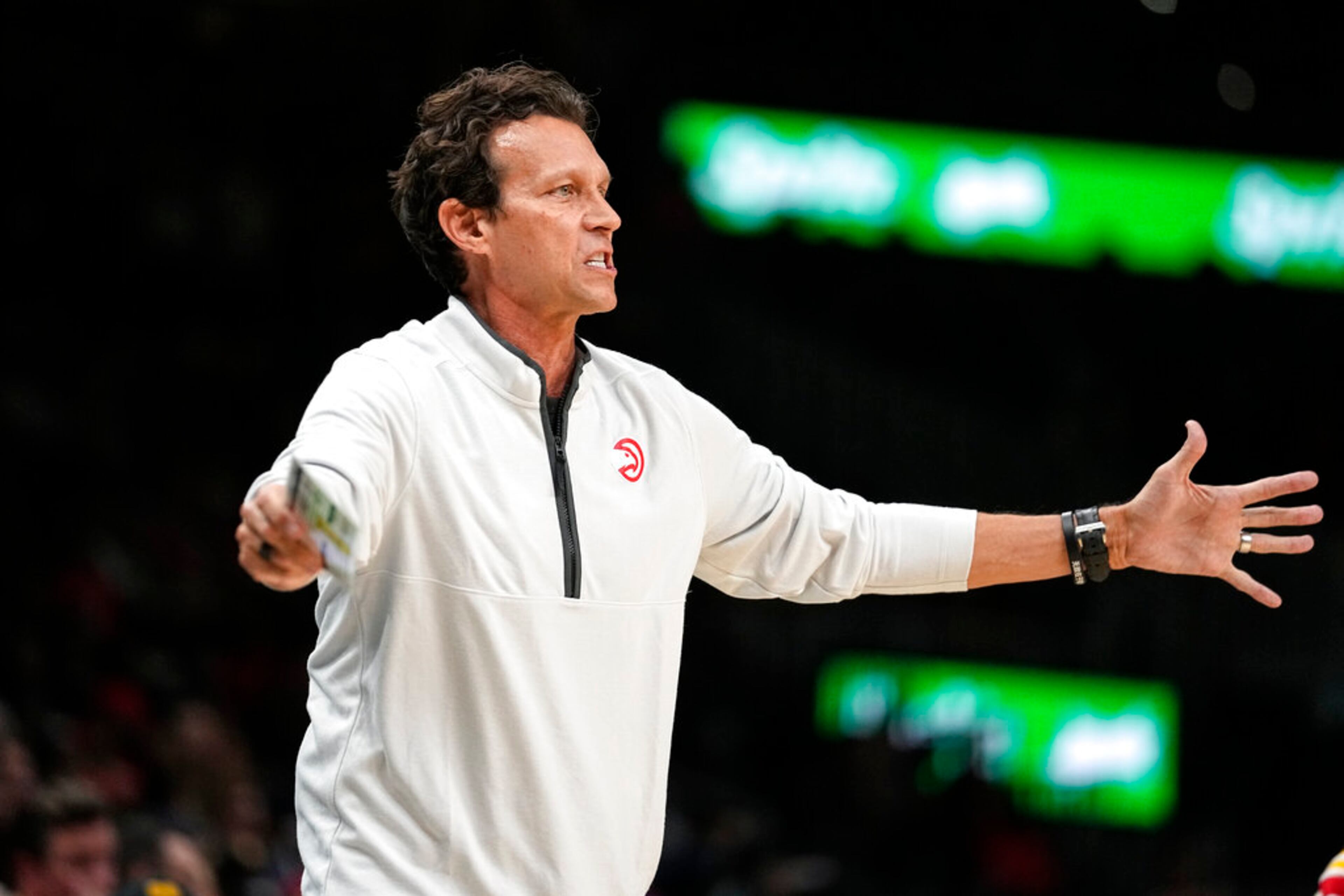Atlanta Hawks head coach Quin Snyder reacts on the sideline during the game against the Portland Trail Blazers, Friday, March 3, 2023, in Atlanta. The Hawks won 129-111. (AP Photo/John Bazemore)