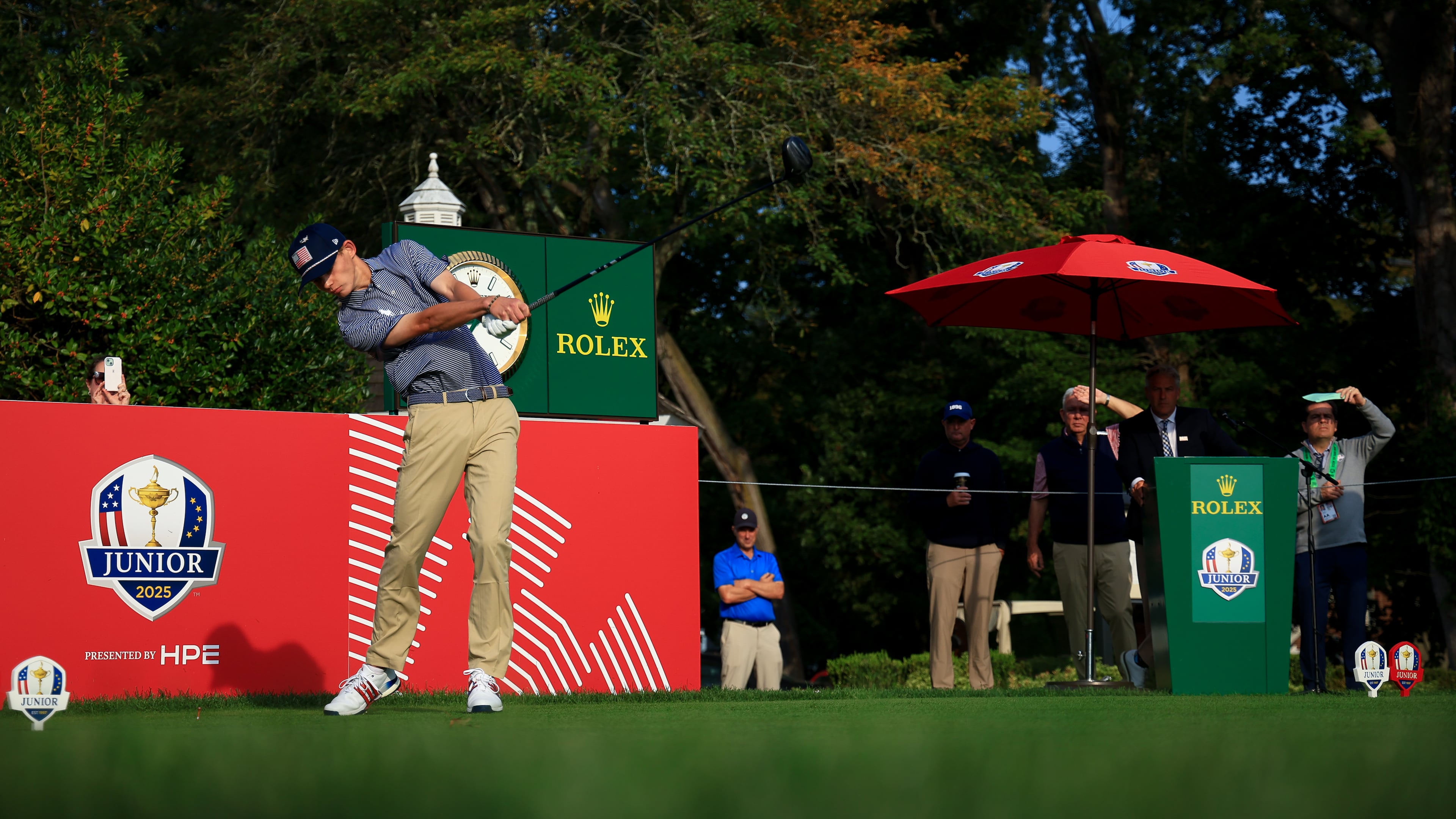 Hamilton Coleman of Team United States hits his tee shot on the first hole during the first round of the 2025 Junior Ryder Cup at Nassau Country Club on Tuesday, September 23, 2025 in Glen Cove, New York. (Michael Ehrmann/Courtesy of PGA of America)