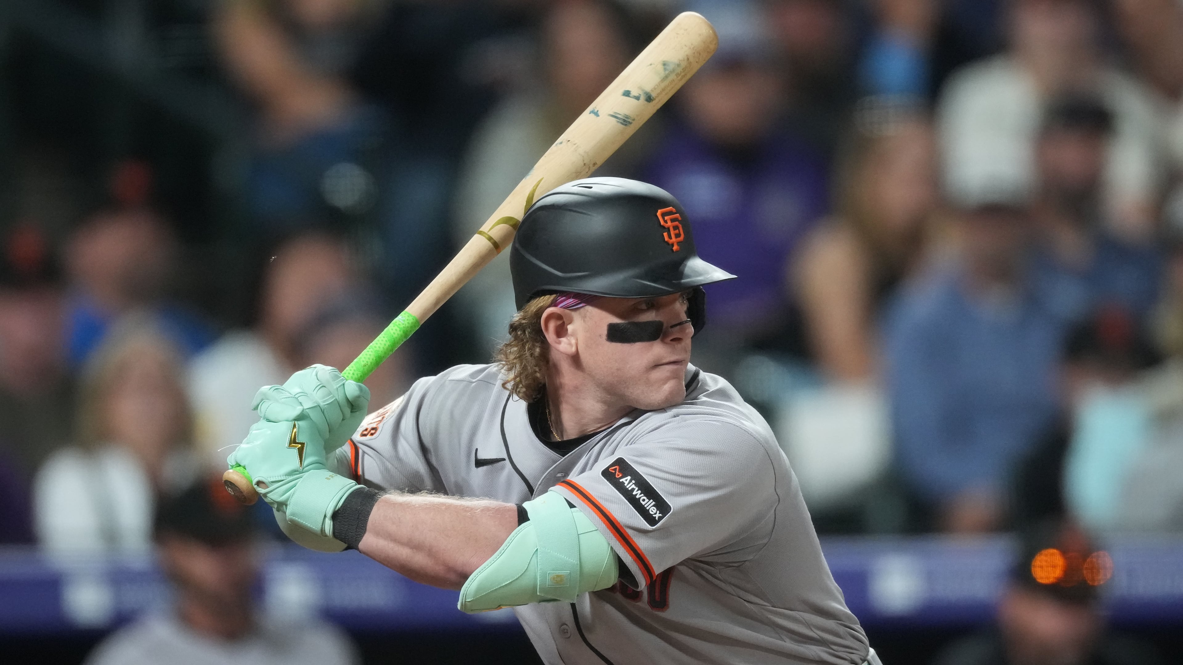 FILE - San Francisco Giants center fielder Harrison Bader (9) bats during the eighth inning of a baseball game May 29, 2026, in Denver. (AP Photo/David Zalubowski, File)