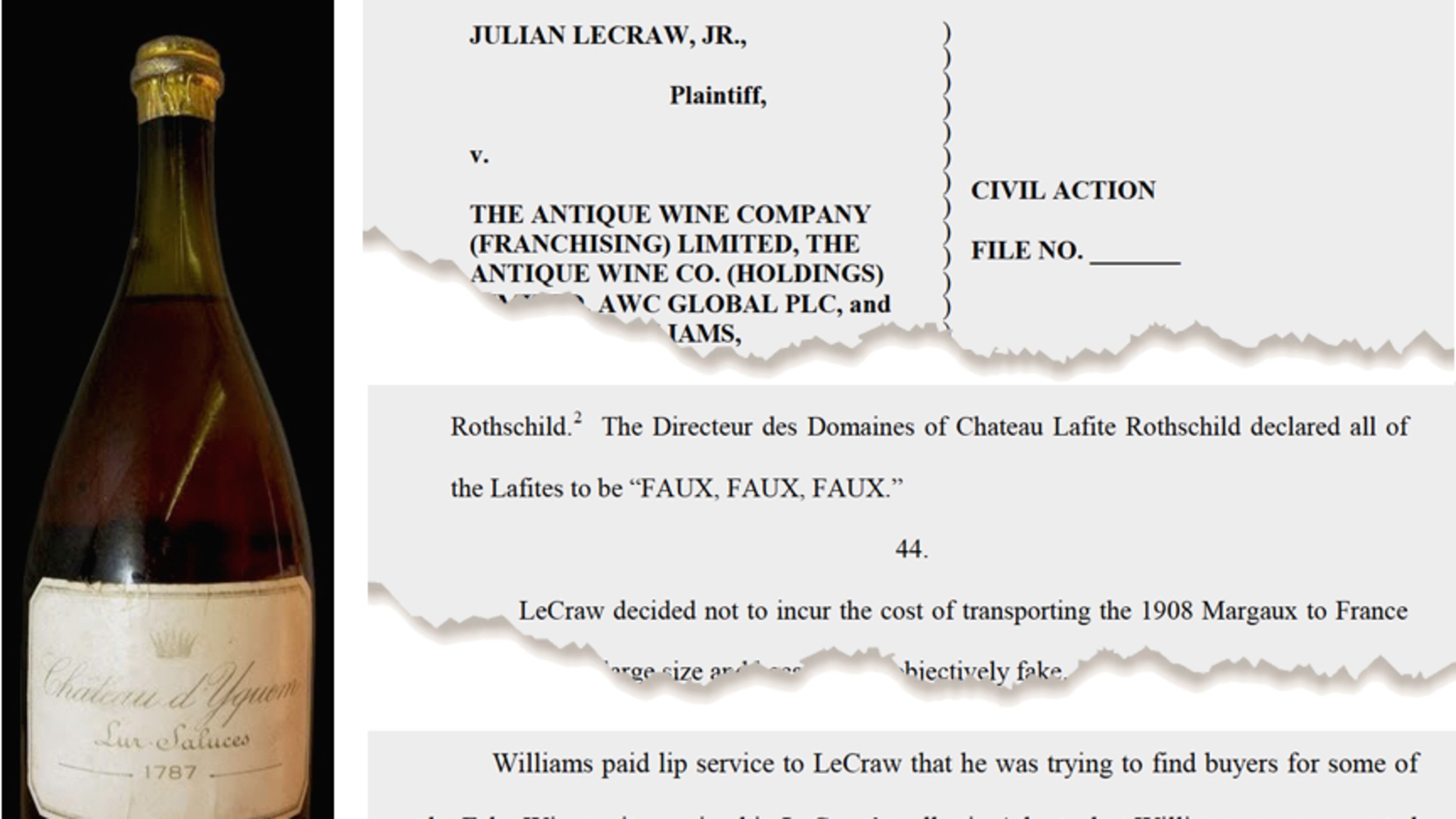 Portions of the lawsuit filed by Atlantan Julian LeCraw Jr. Bottle of 1787 Chateau d'Yquem courtesy of Wine-searcher.com.