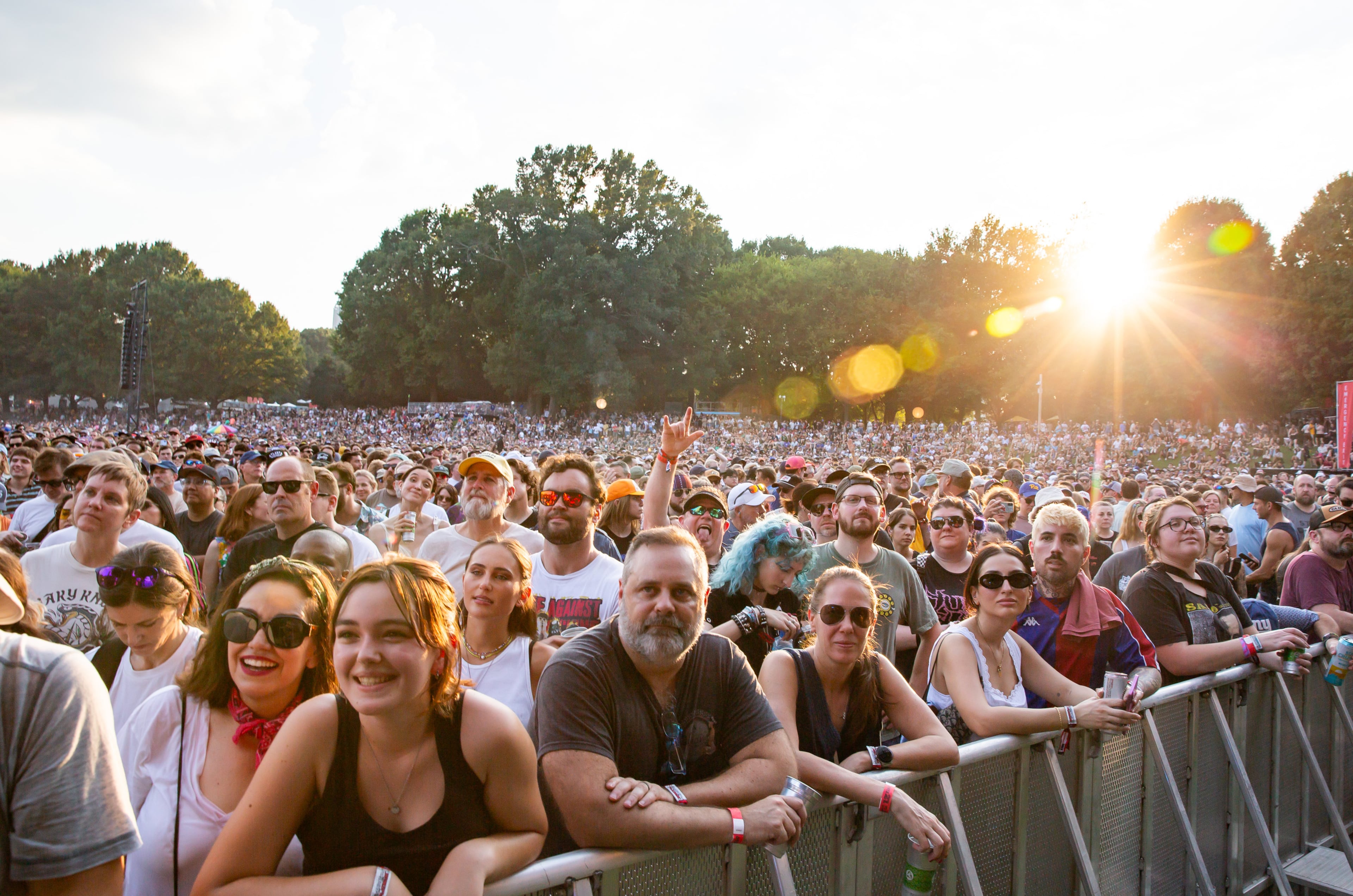 Indie rock band Geese drew a large crowd late Friday, Sept. 18, 2026, despite the high temperatures at Shaky Knees in Piedmont Park, Atlanta. (Ryan Fleisher for the AJC)