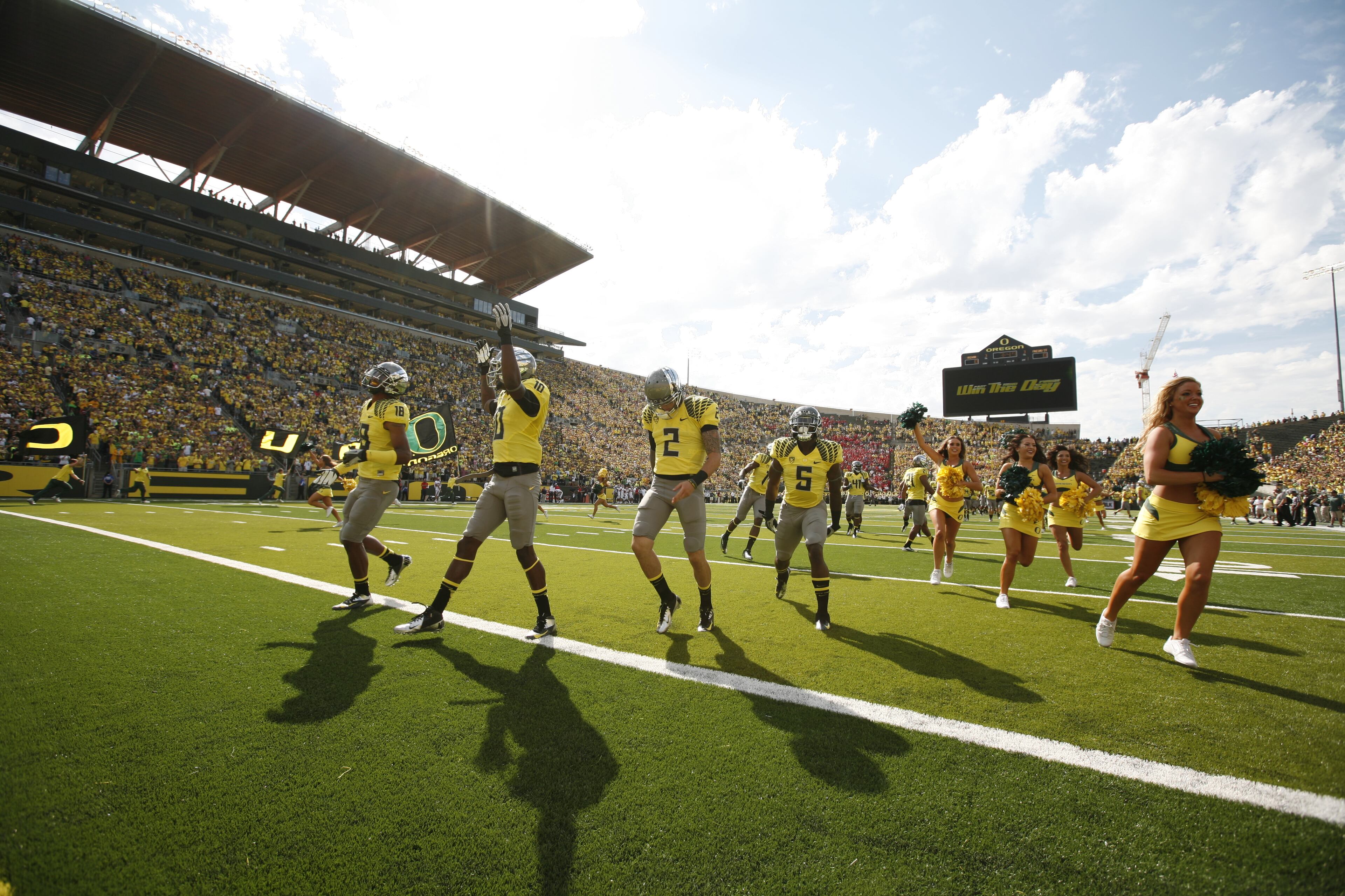 University of Oregon Ducks take the field for a game against Fresno State Bulldogs at Autzen Stadium on Sept. 8, 2012 in Eugene, Ore.
