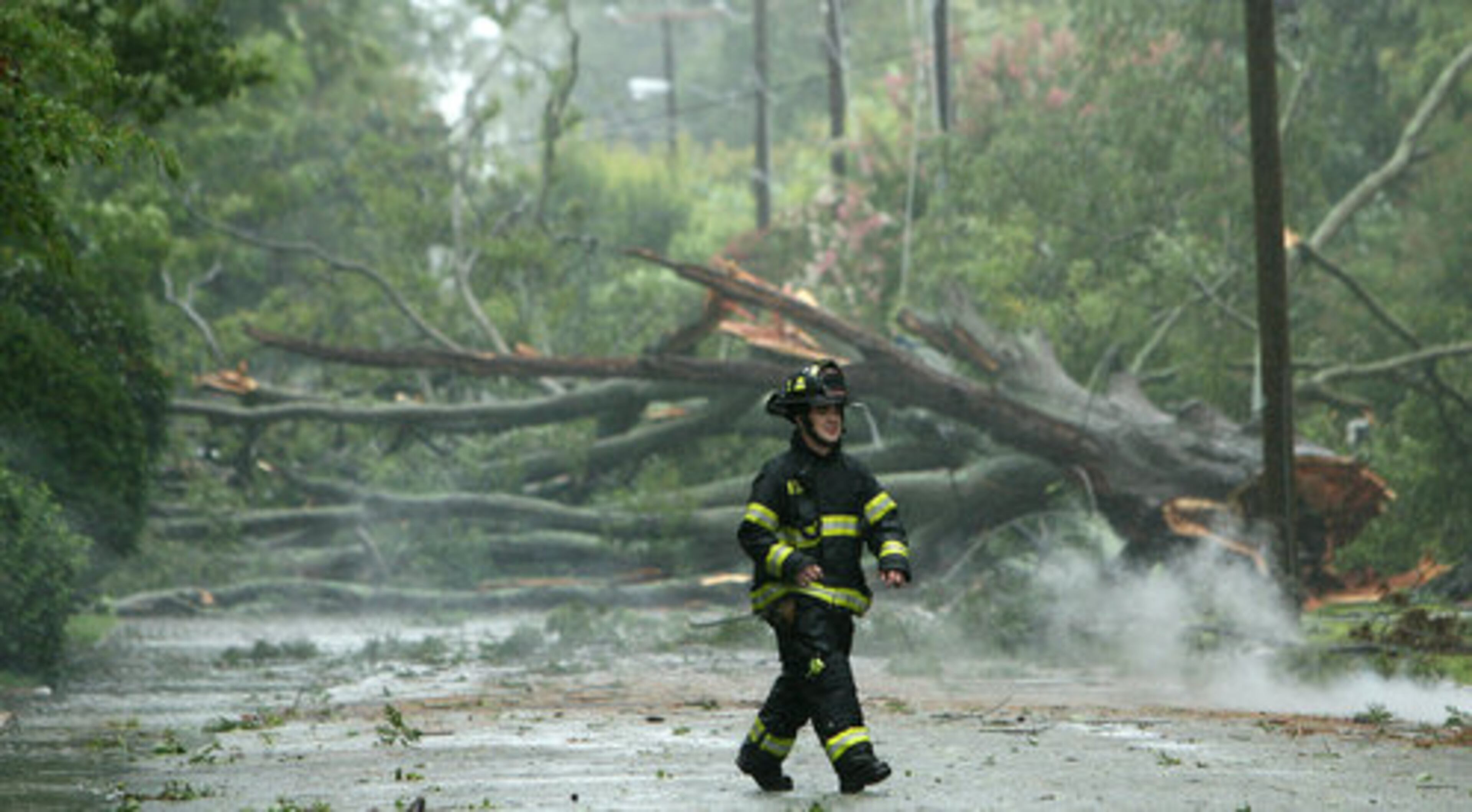 Fire personnel secure the area around a massive tree that came down as Hurricane Irene moved through Hampton, Va.