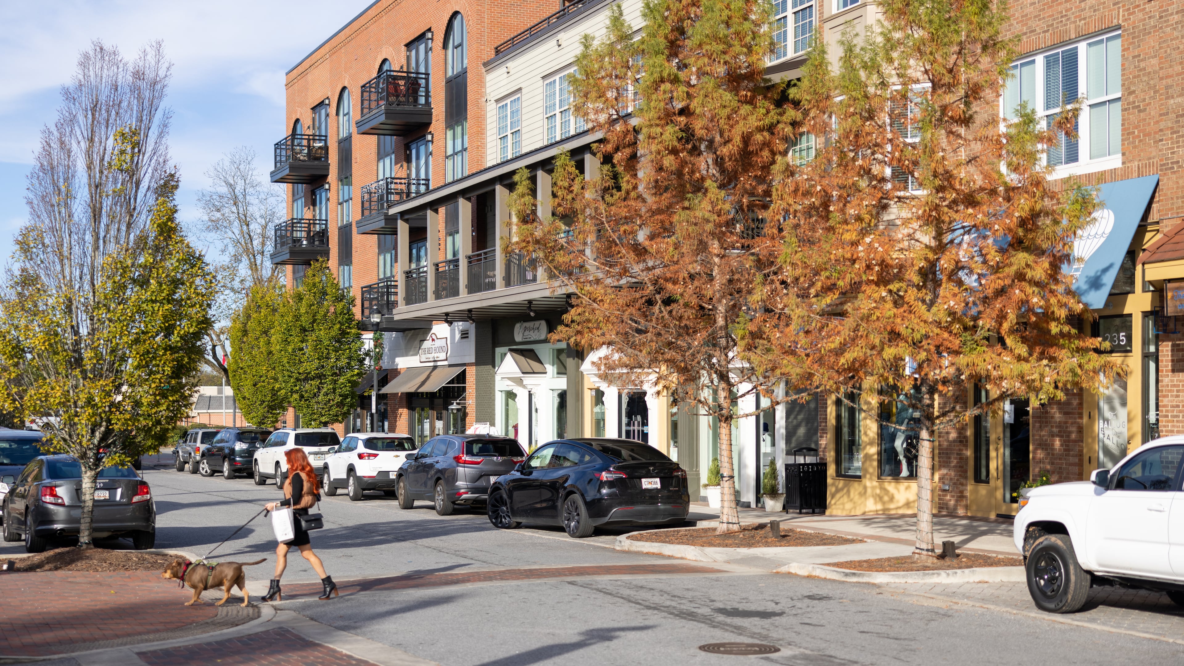 Woman walking her dog in downtown Alpharetta on November 20, 2022