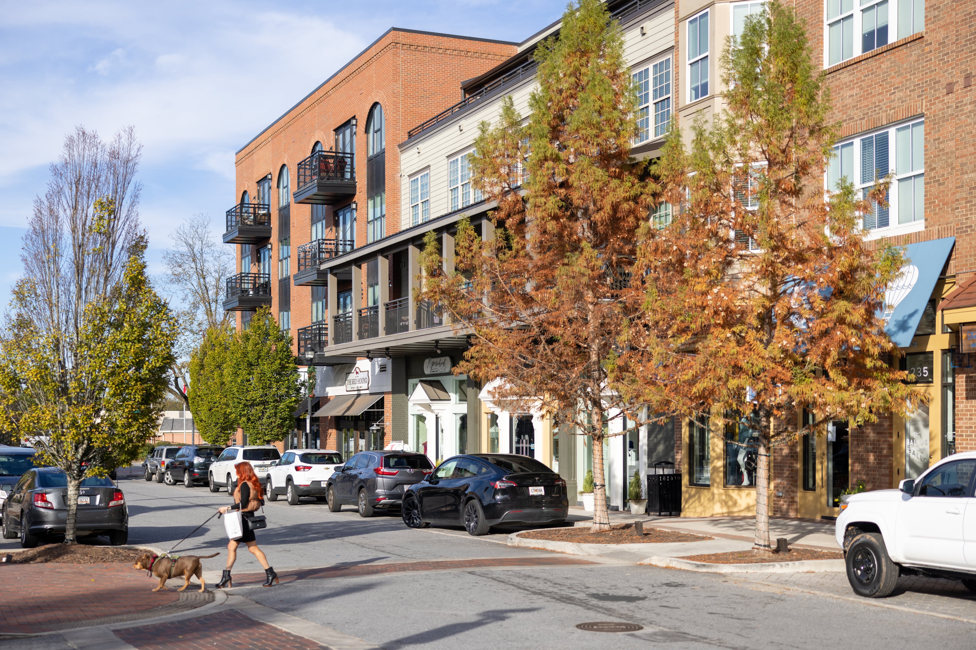 Woman walking her dog in downtown Alpharetta on November 20, 2022